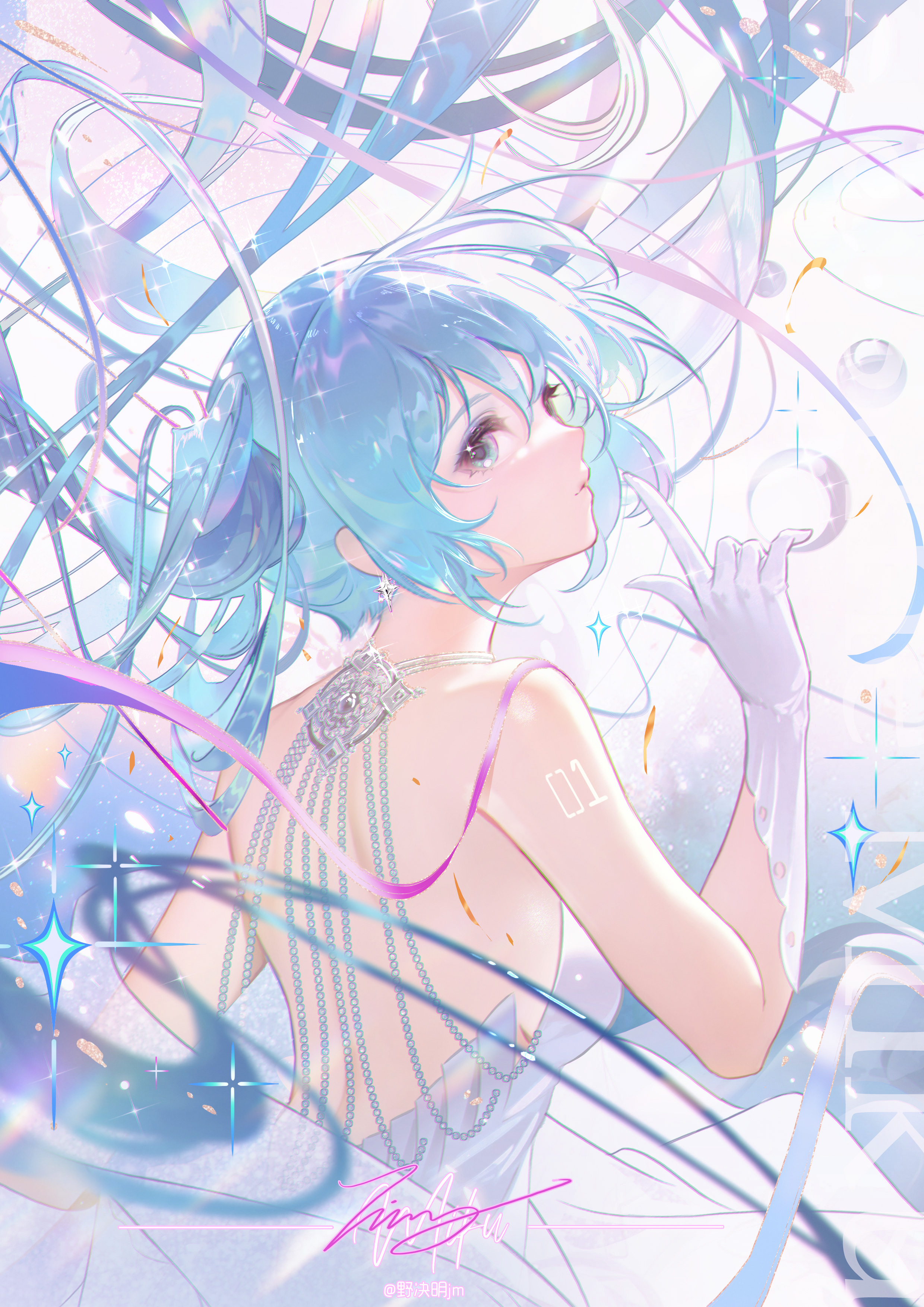 Anime 2480x3508 Hatsune Miku anime Vocaloid portrait display anime girls long hair looking at viewer blue hair backless backless dress sideboob closed mouth gloves stars dress watermarked signature blue eyes twintails jewelry earring