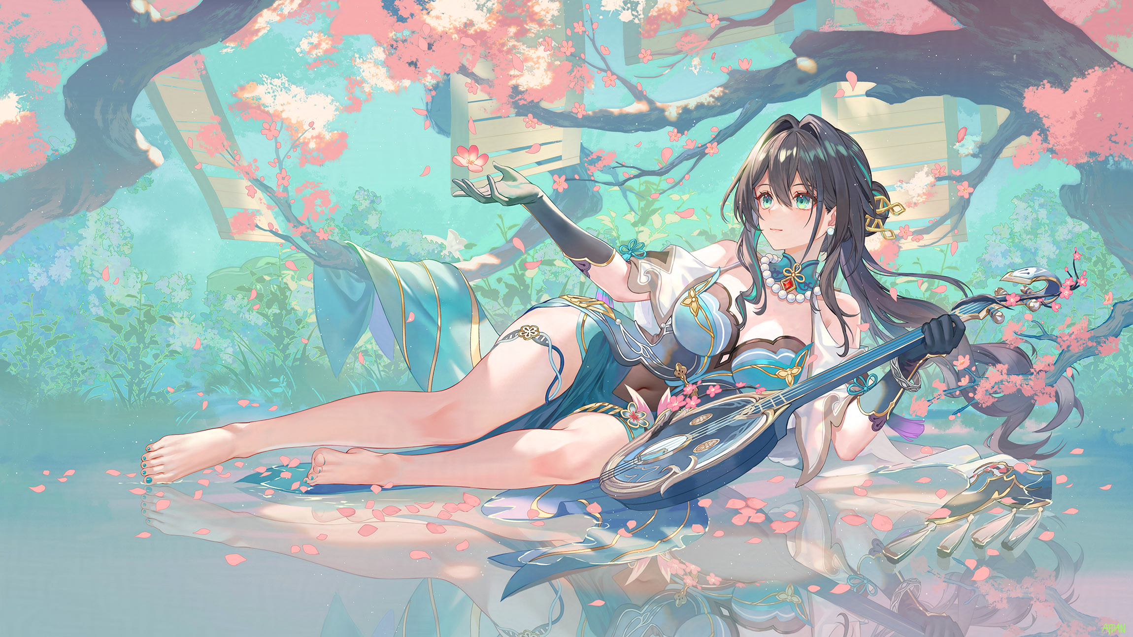 Anime 2300x1294 Honkai: Star Rail artwork Ruan Mei (Honkai: Star Rail) anime anime girls black hair green eyes big boobs cleavage musical instrument earring necklace pearl necklace belly belly button water petals trees barefoot Plum blossom reflection Atdan hair between eyes long hair