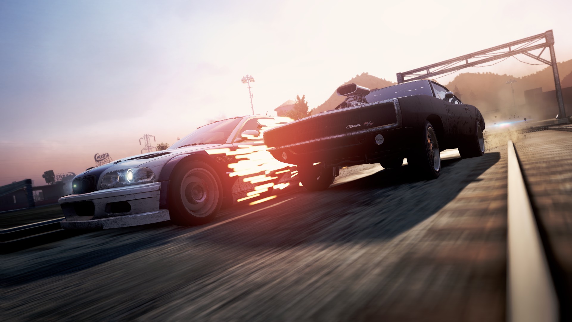 General 1920x1080 Need for Speed Need for Speed: Most Wanted sparks BMW M3 GTR Dodge Dodge Charger muscle cars German cars Electronic Arts BMW railway American cars video games sunlight sky motion blur frontal view headlights vehicle car CGI video game art screen shot