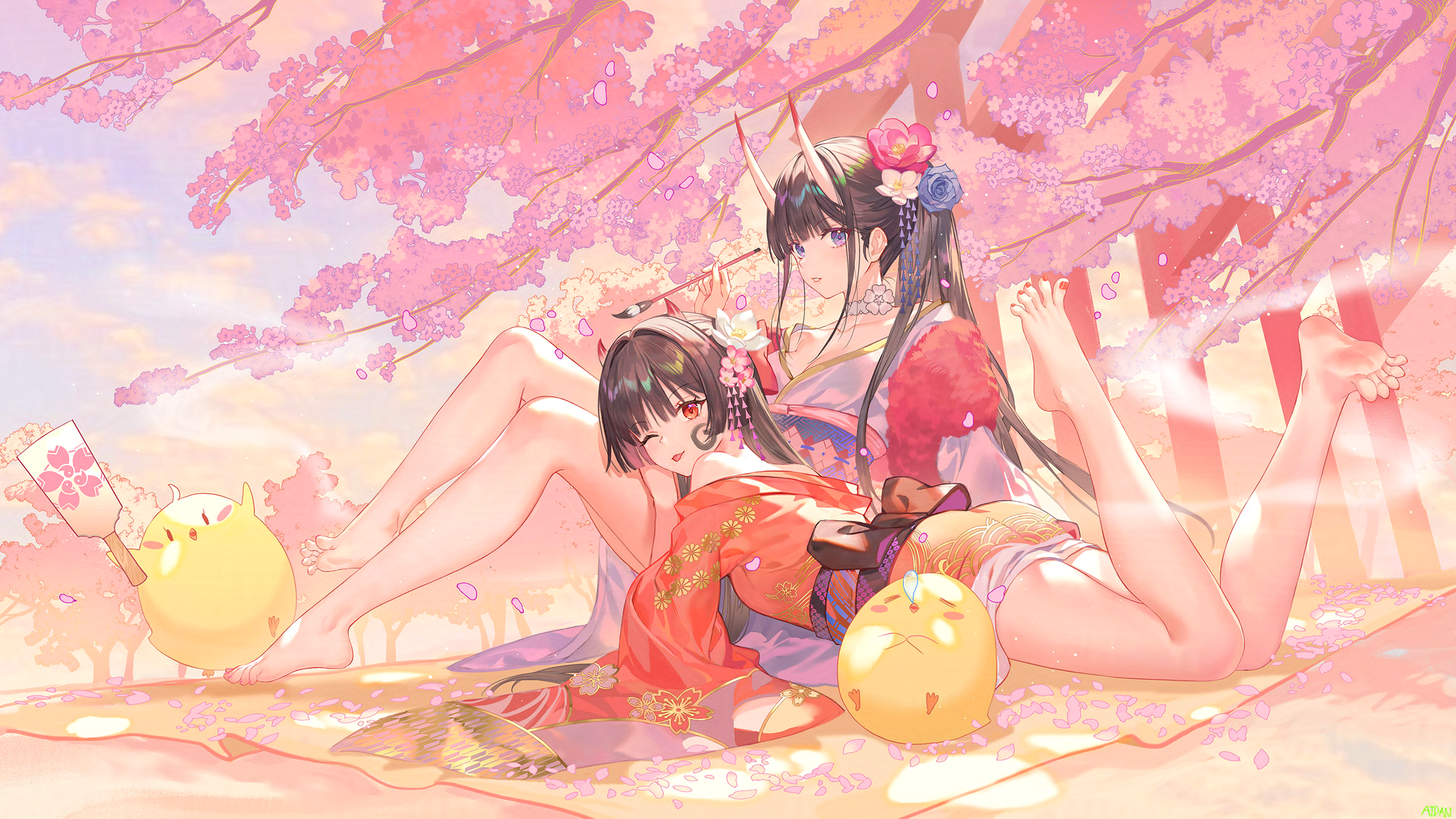 Anime 2300x1294 anime anime girls Sakawa (Azur Lane) Atdan Noshiro (Azur Lane) feet Azur Lane pointed toes looking at viewer long hair one eye closed tongues tongue out cherry trees outdoors women outdoors Manjuu (Azur Lane) sky clouds trees petals lying down lying on front flower in hair collarbone off shoulder foot sole feet in the air kimono paint brushes horns signature barefoot parted lips flowers yukata blunt bangs bangs