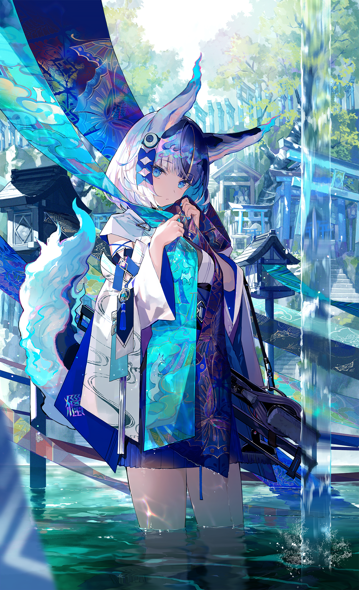 Anime 1219x2000 anime anime girls Fuji Choko Pixiv Japanese clothes water standing in water standing looking at viewer short hair blue eyes portrait display detached sleeves fox ears fox tail fox girl wet clothing trees sunlight hair ornament blue nails painted nails