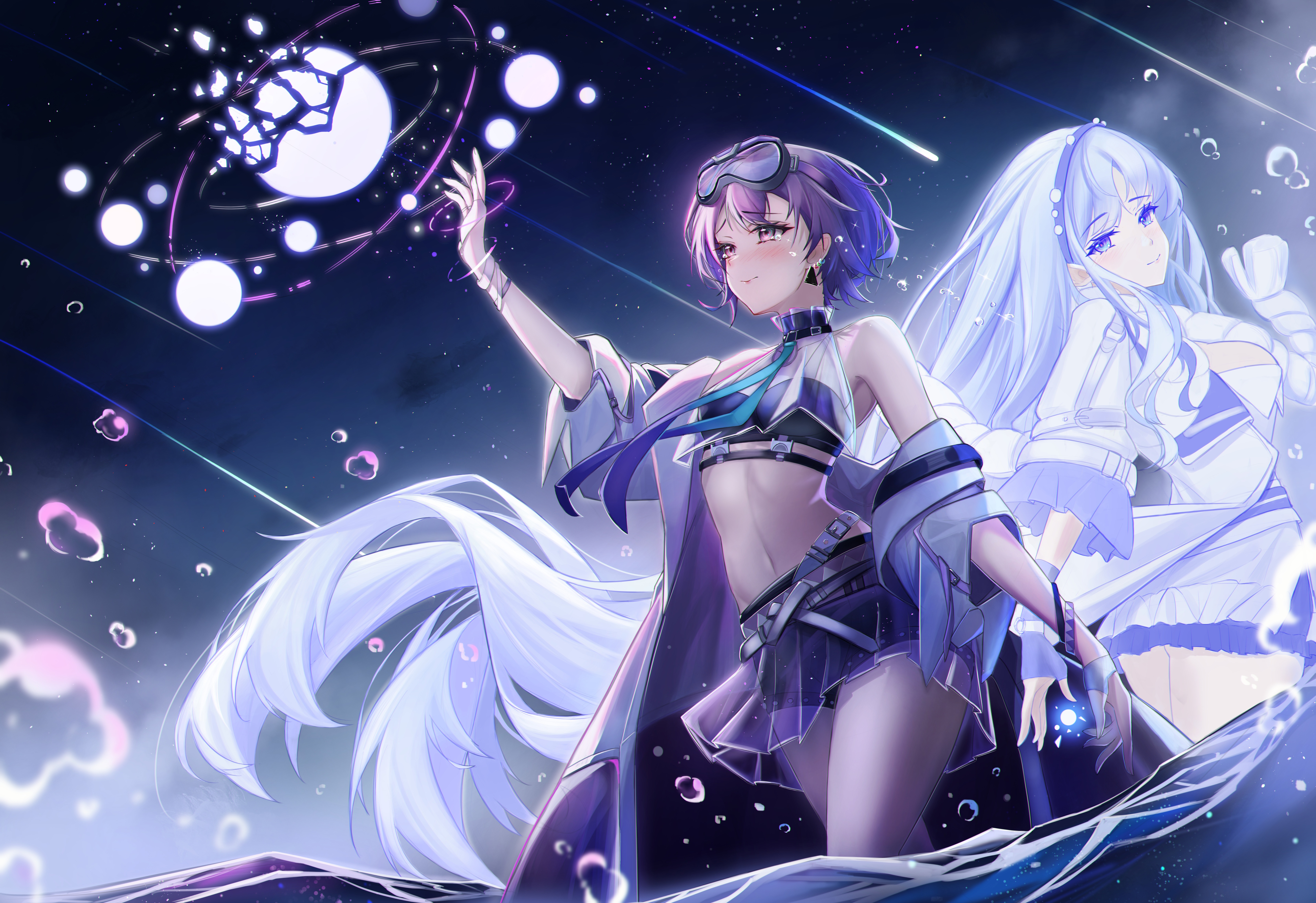 Anime 6700x4600 anime anime girls Pixiv looking away smiling closed mouth short hair blushing standing in water water standing skirt frills bracelets water drops purple hair purple eyes blue hair blue eyes pointy ears long hair arms reaching goggles slim body shorts