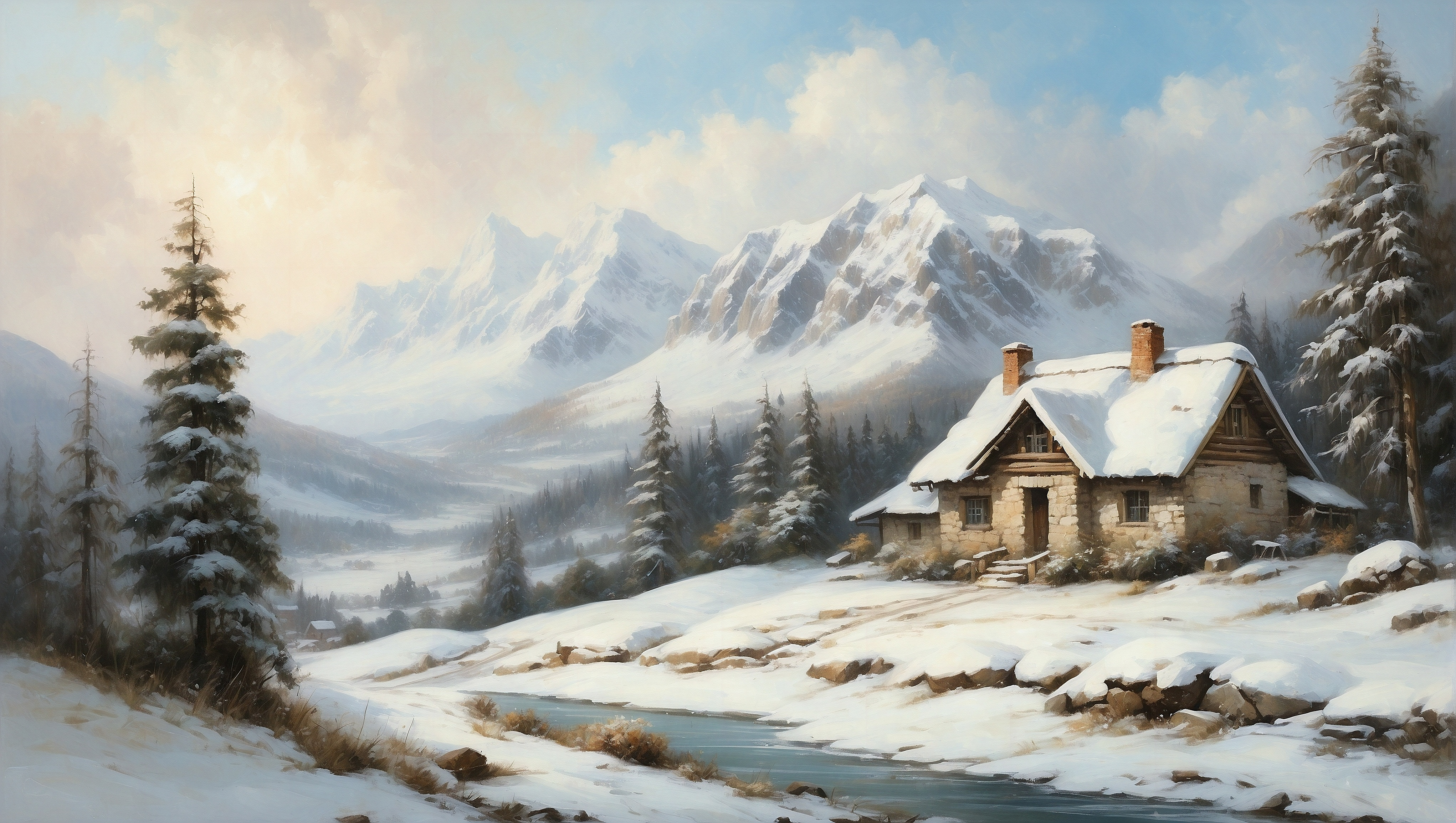 General 4084x2310 AI art digital art digital painting landscape winter stream mountains cottage snow covered snow outdoors trees sky clouds river water snowy mountain sunlight