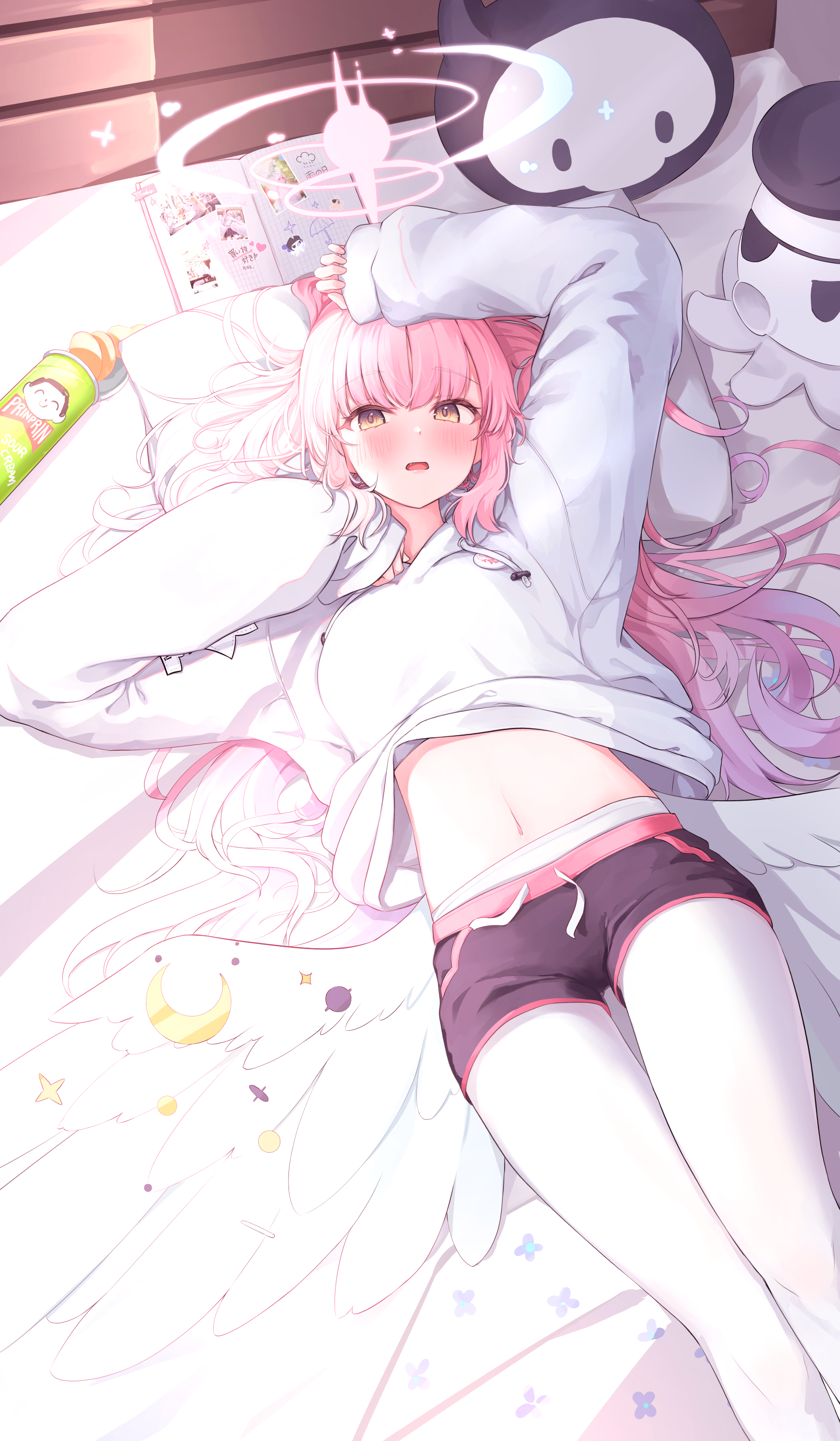 Anime 1750x3000 anime anime girls Misono Mika Blue Archive Dolphin shorts long hair hair spread out belly belly button open mouth looking at viewer blushing portrait display pink hair pringles chips bed pillow arms up anime girl with wings wings jacket in bed short shorts DARAN9