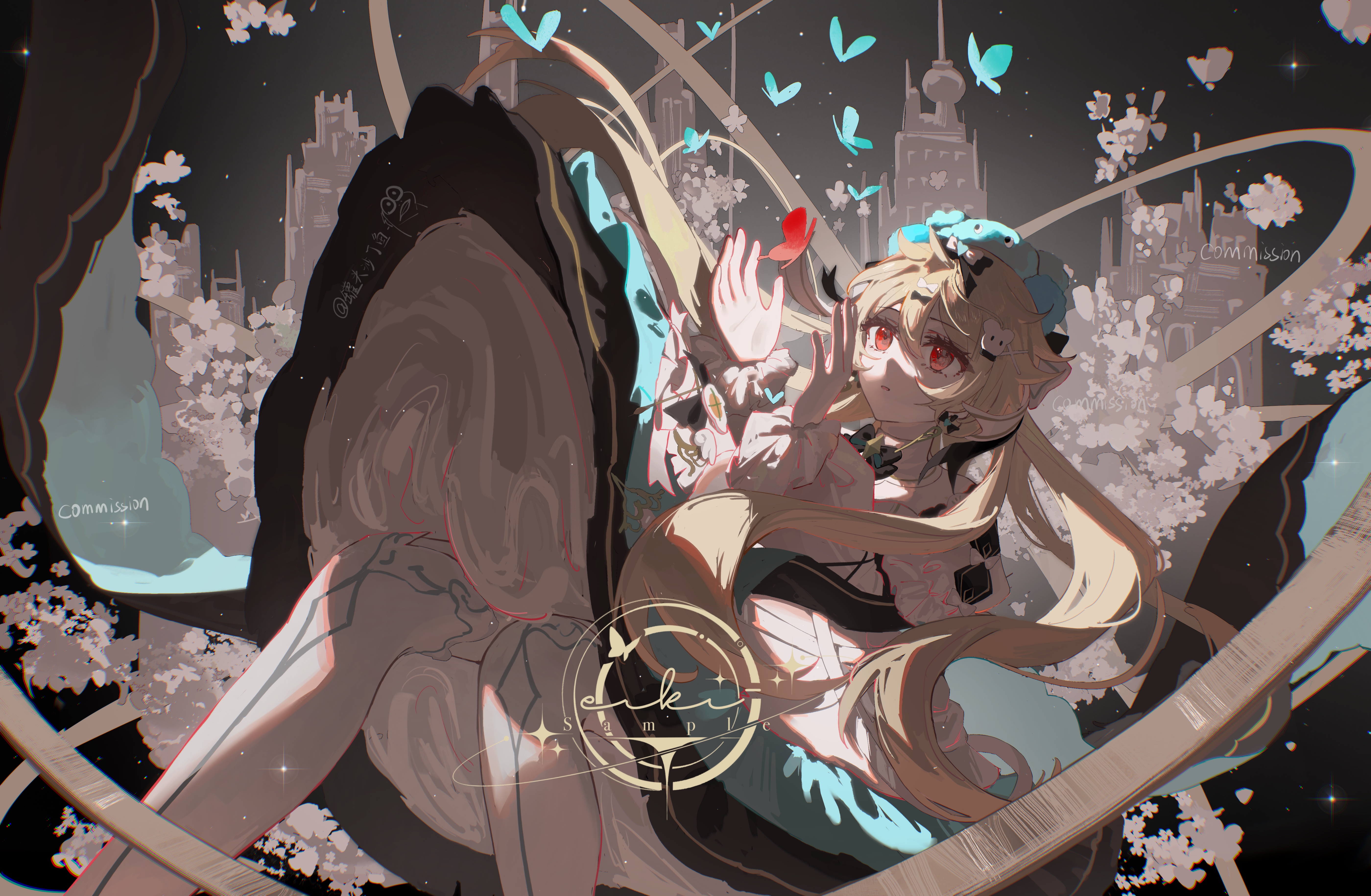 Anime 5599x3661 anime anime girls original characters blonde red eyes hair between eyes butterfly dress open mouth bow tie insect hair ornament stars watermarked earring building Japanese