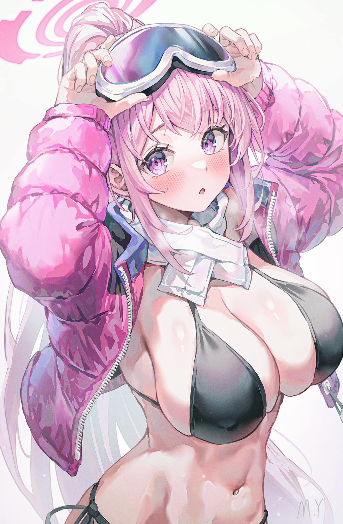 Anime 1200x1833 anime anime girls Izumimoto Eimi bikini Blue Archive long hair looking at viewer goggles huge breasts pink hair simple background jacket purple eyes minimalism white background MyungYi blushing open mouth ponytail arms up cleavage slim body signature