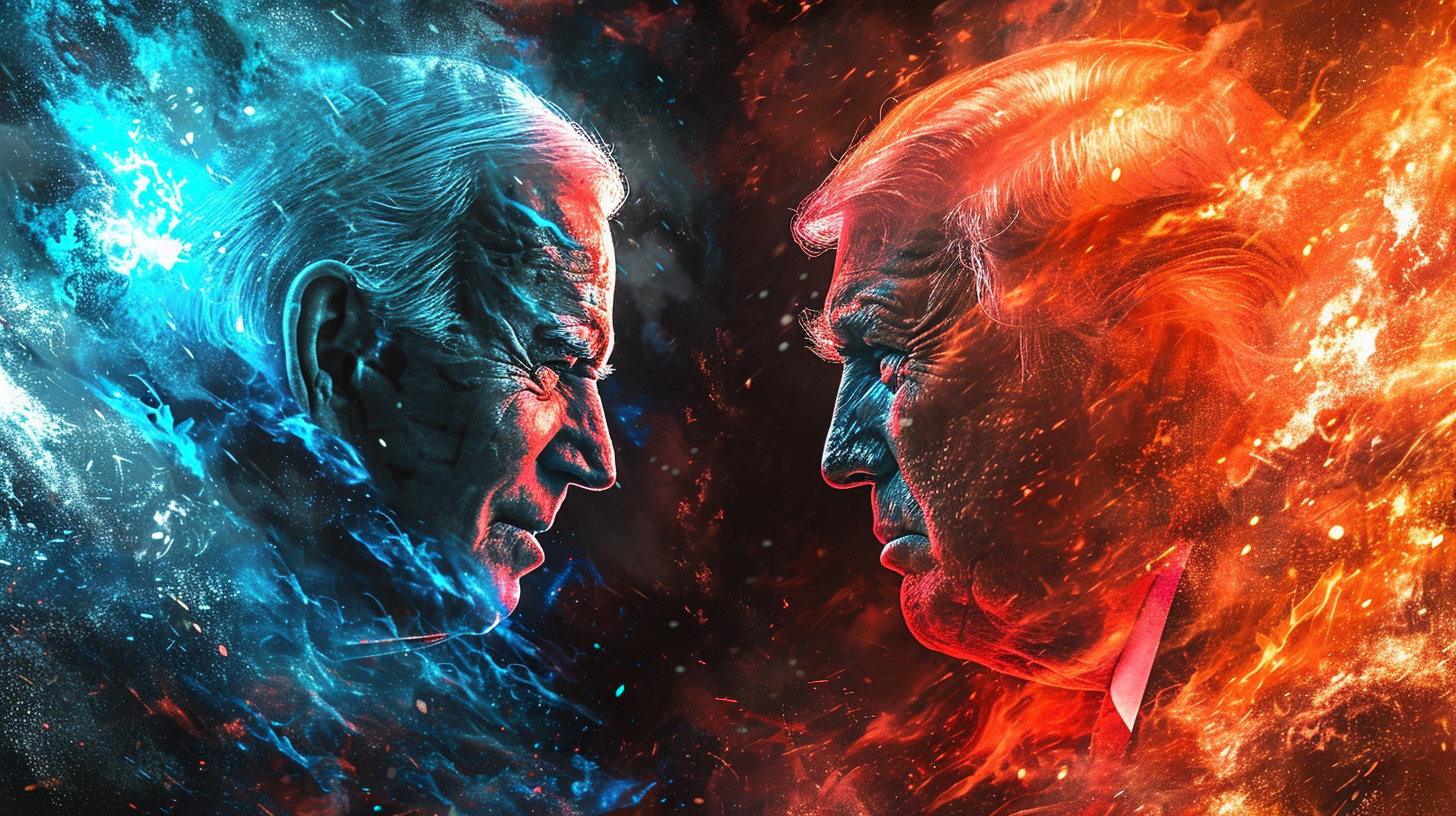 General 1456x816 AI art Joe Biden Donald Trump election blue red fire political figure presidents USA side view face men old people