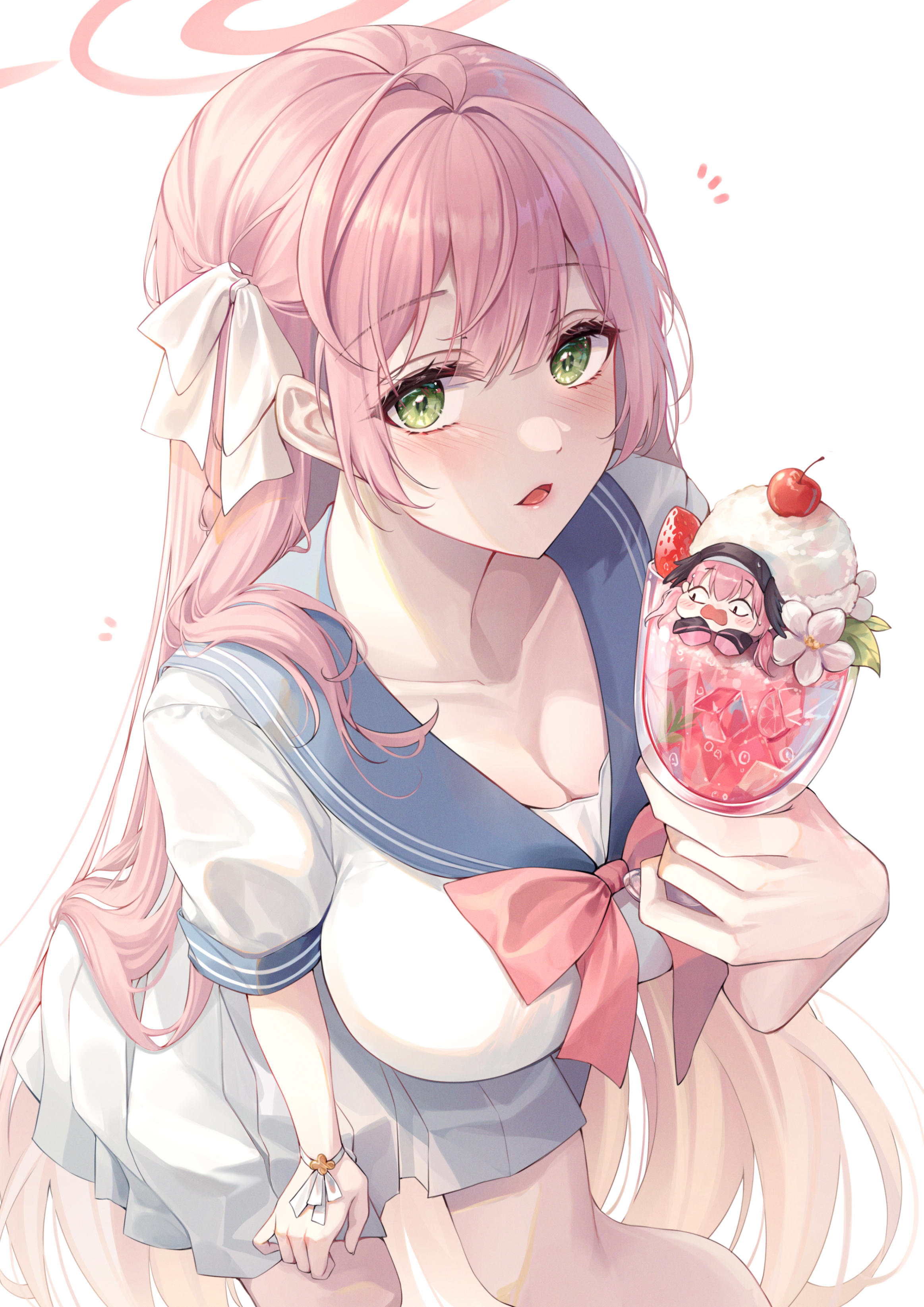 Anime 2326x3290 anime anime girls Hanako (Blue Archive) Blue Archive long hair looking at viewer blushing Pippin Sol open mouth simple background skirt schoolgirl school uniform white background frills short sleeves cleavage huge breasts collarbone Shimoe Koharu (Blue Archive) pink hair green eyes bow tie hair ribbon drink fruit cherries strawberries ice cubes