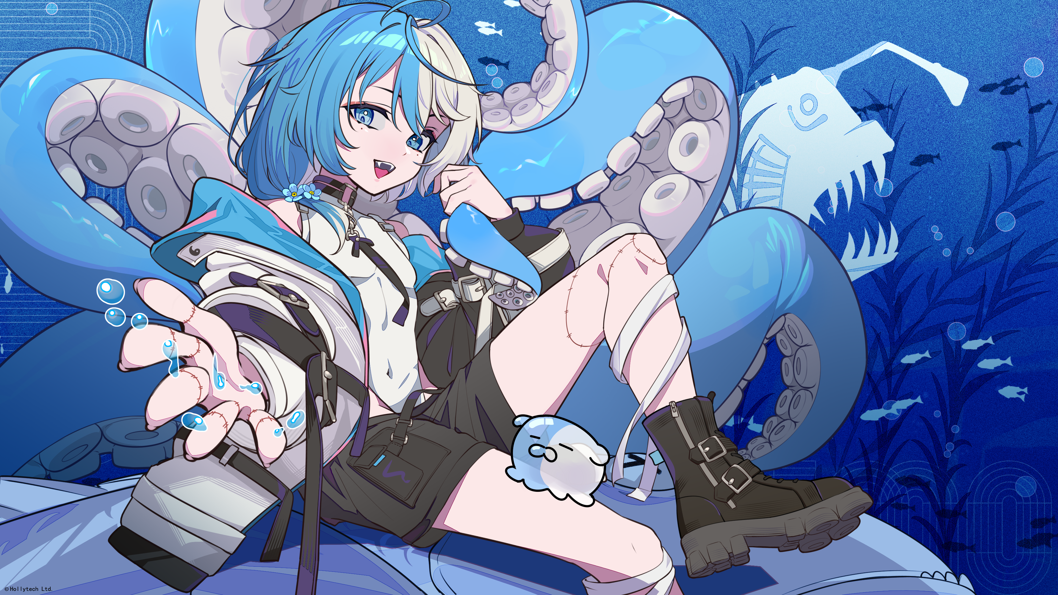 Anime 3556x2000 anime anime girls tentacles Yao Unripe looking at viewer water two tone hair blue eyes open mouth shoe sole pointy teeth creature leaves fish animals bubbles arms reaching off shoulder bare shoulders underwater choker sitting watermarked jacket ahoge boots Monmon (Project-SP) Project-SP Virtual Youtuber