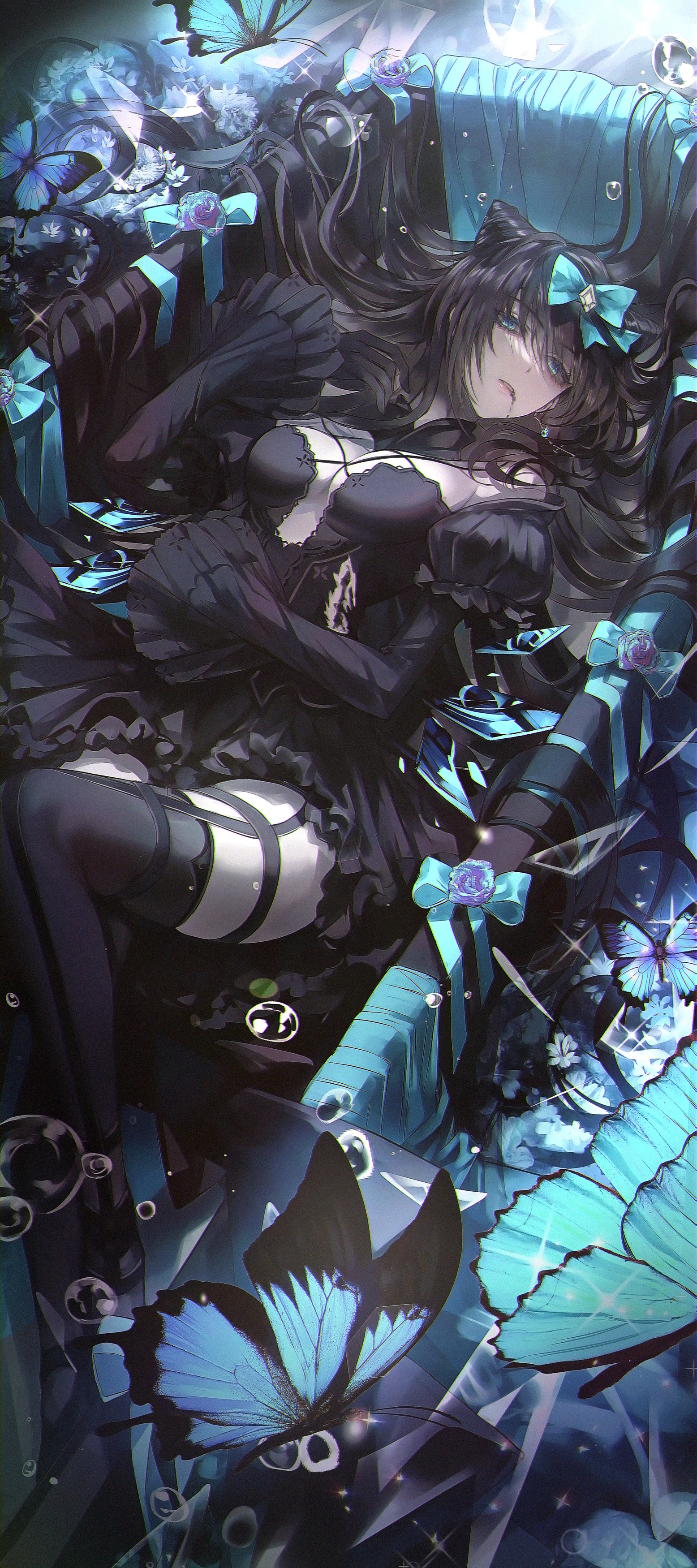Anime 1556x3500 anime anime girls Siyrgr portrait display lying down lying on back looking at viewer hair bows hair spread out long hair butterfly long sleeves hair ornament insect parted lips stockings water drops blue eyes black hair bare shoulders detached sleeves earring thighs stars frills dress thigh-highs ARCAEA tairitsu (arcaea) hairbun