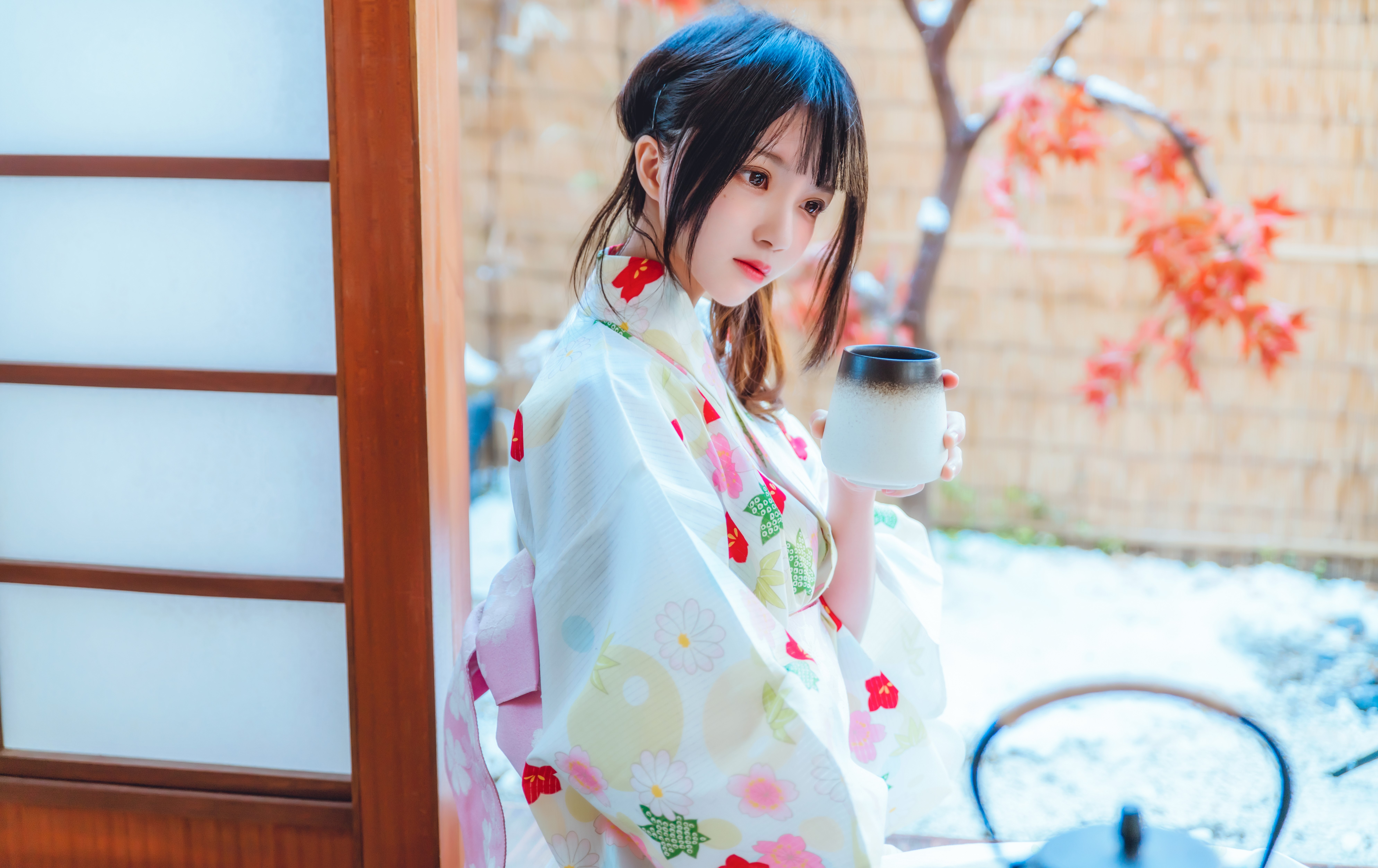 People 7952x5009 CherryNeko black hair kimono lips Asian women tea teapot