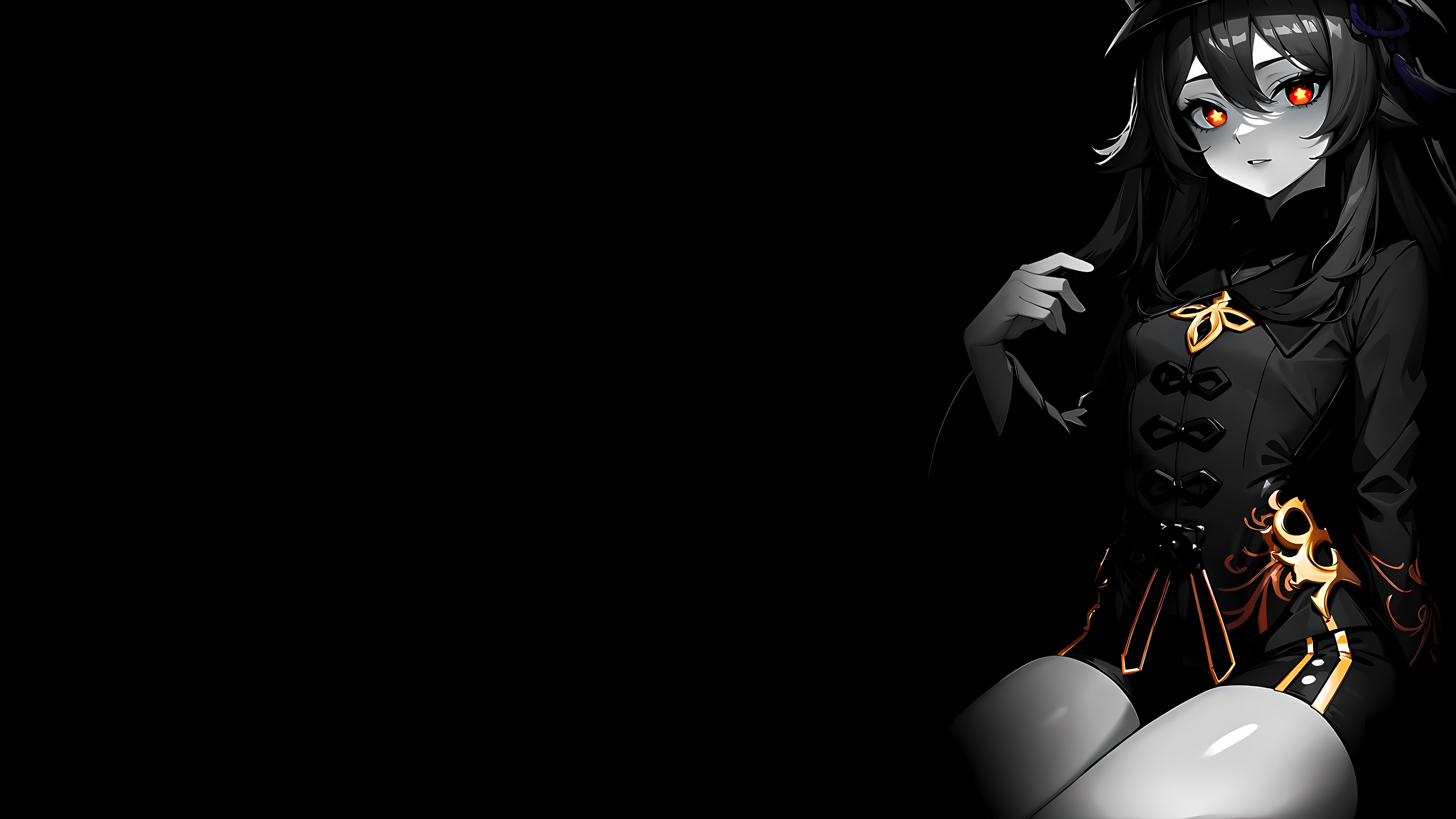 Anime 3840x2160 Hu Tao (Genshin Impact) dark background dark simple background anime Genshin Impact anime girls hat women with hats looking at viewer long hair parted lips sitting hair between eyes thighs