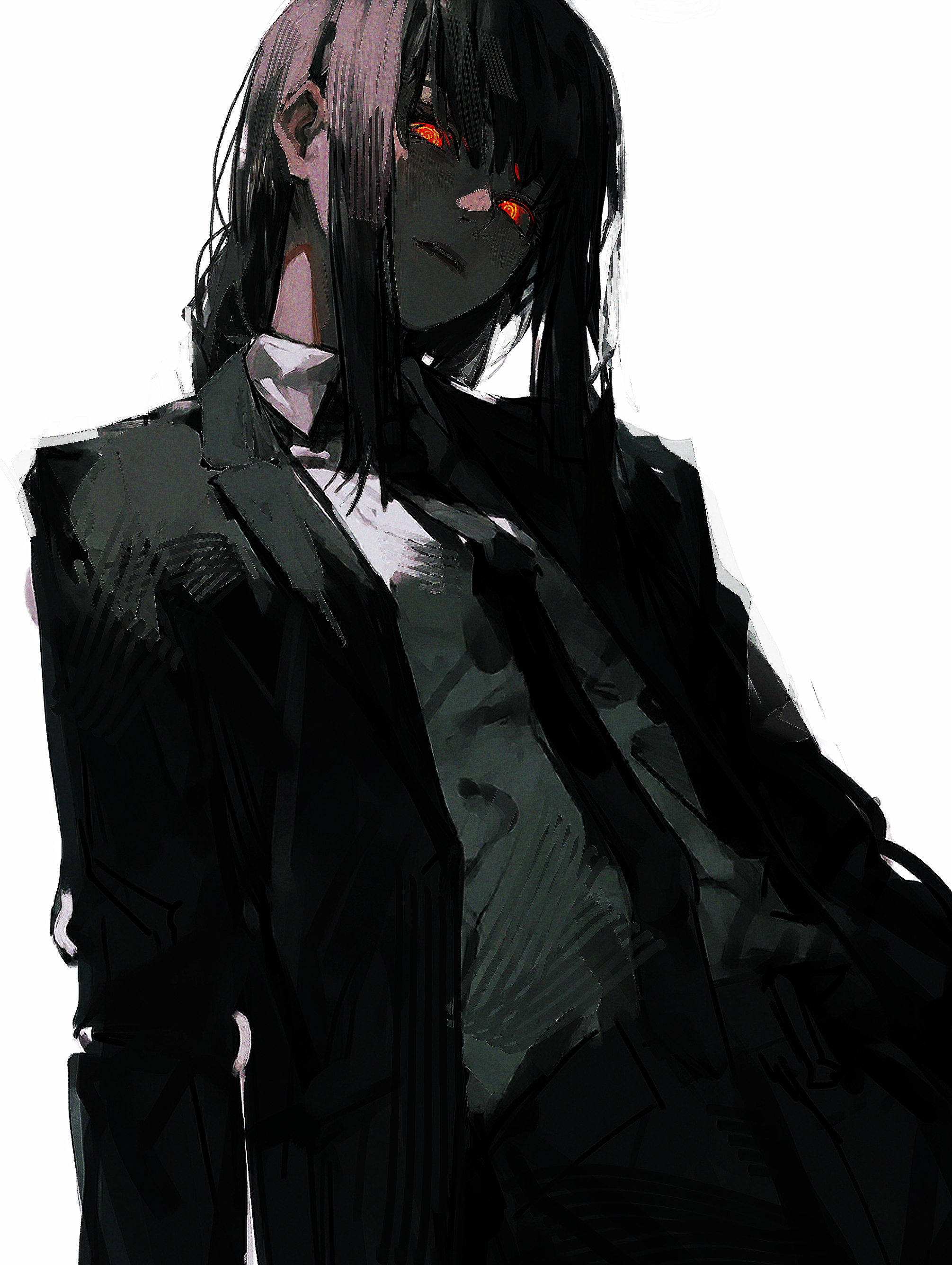 Anime 2011x2672 96yottea anime anime girls Chainsaw Man Makima (Chainsaw Man) suits suit and tie looking at viewer long hair white background blushing parted lips glowing eyes hair between eyes jacket necktie portrait display simple background tie