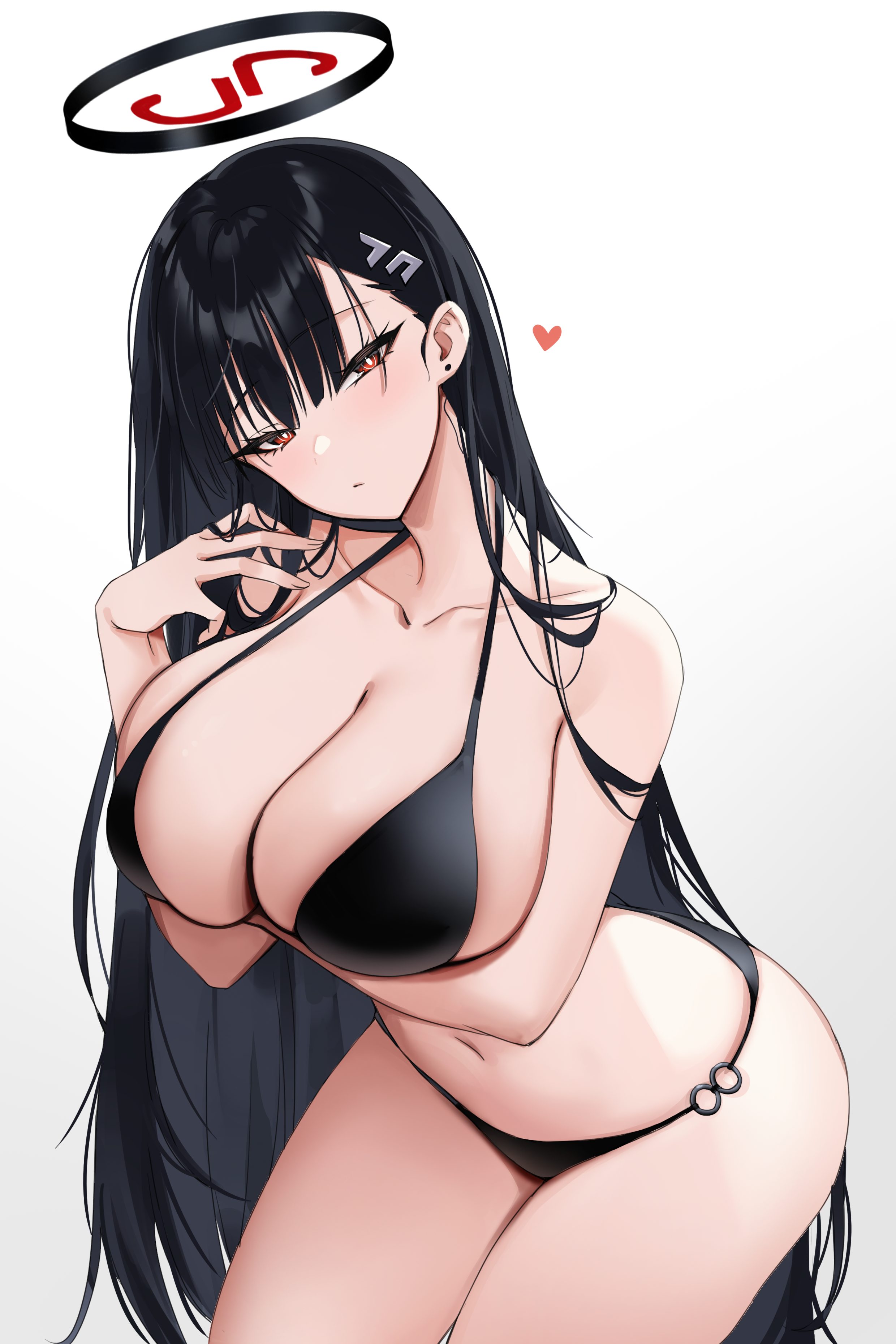 Anime 2480x3718 Blue Archive black bikinis portrait display hair clip Tsukatsuki Rio long hair white background thighs simple background heart huge breasts swimwear holding boobs cleavage straight hair closed mouth Picter looking at viewer hair ornament bikini twirling hair red eyes anime collarbone anime girls leaning