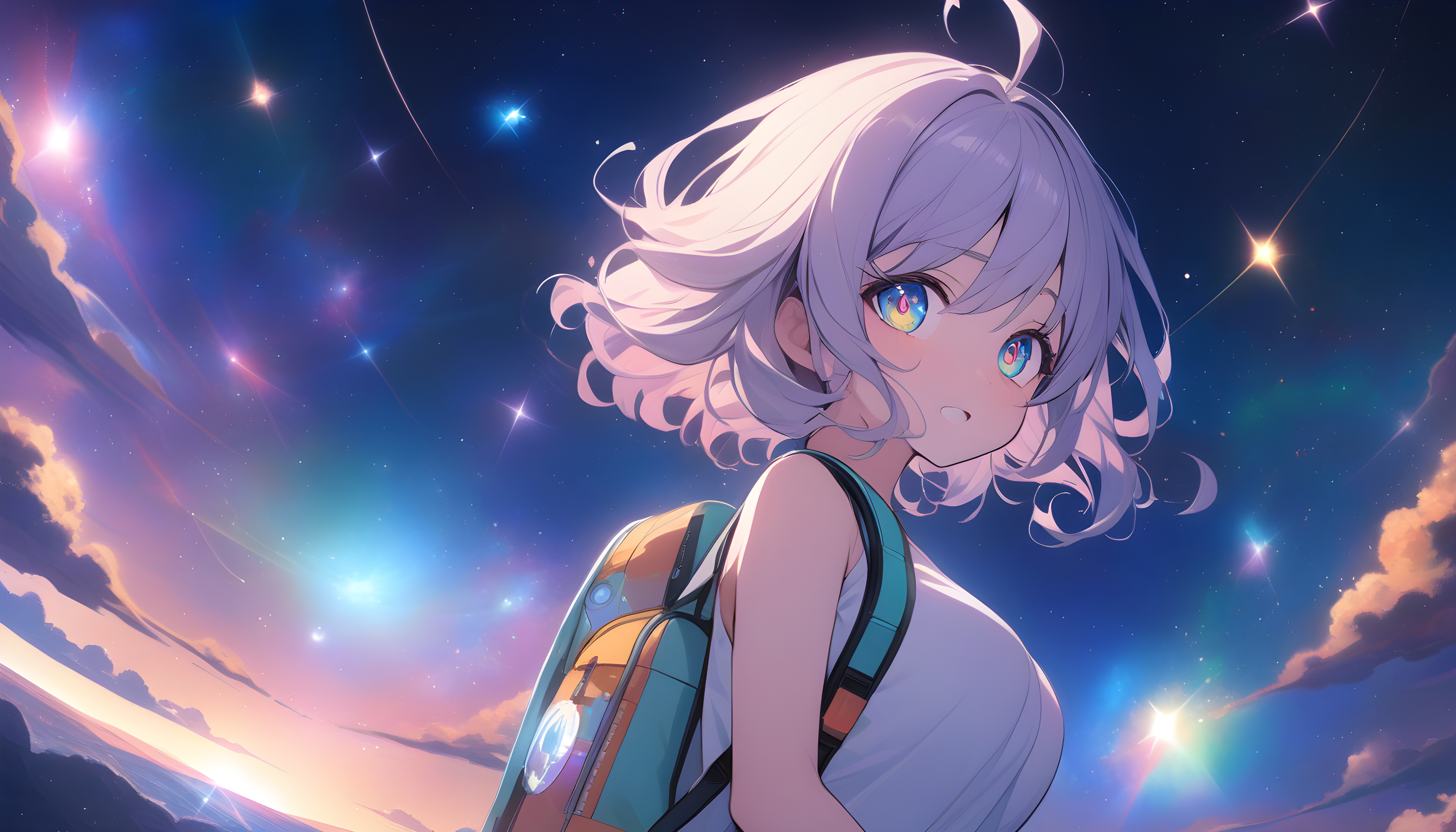 Anime 5376x3072 anime girls AI art backpacks galaxy looking at viewer short hair clouds multi-colored eyes sky stars sunlight bare shoulders ahoge women outdoors sleeveless