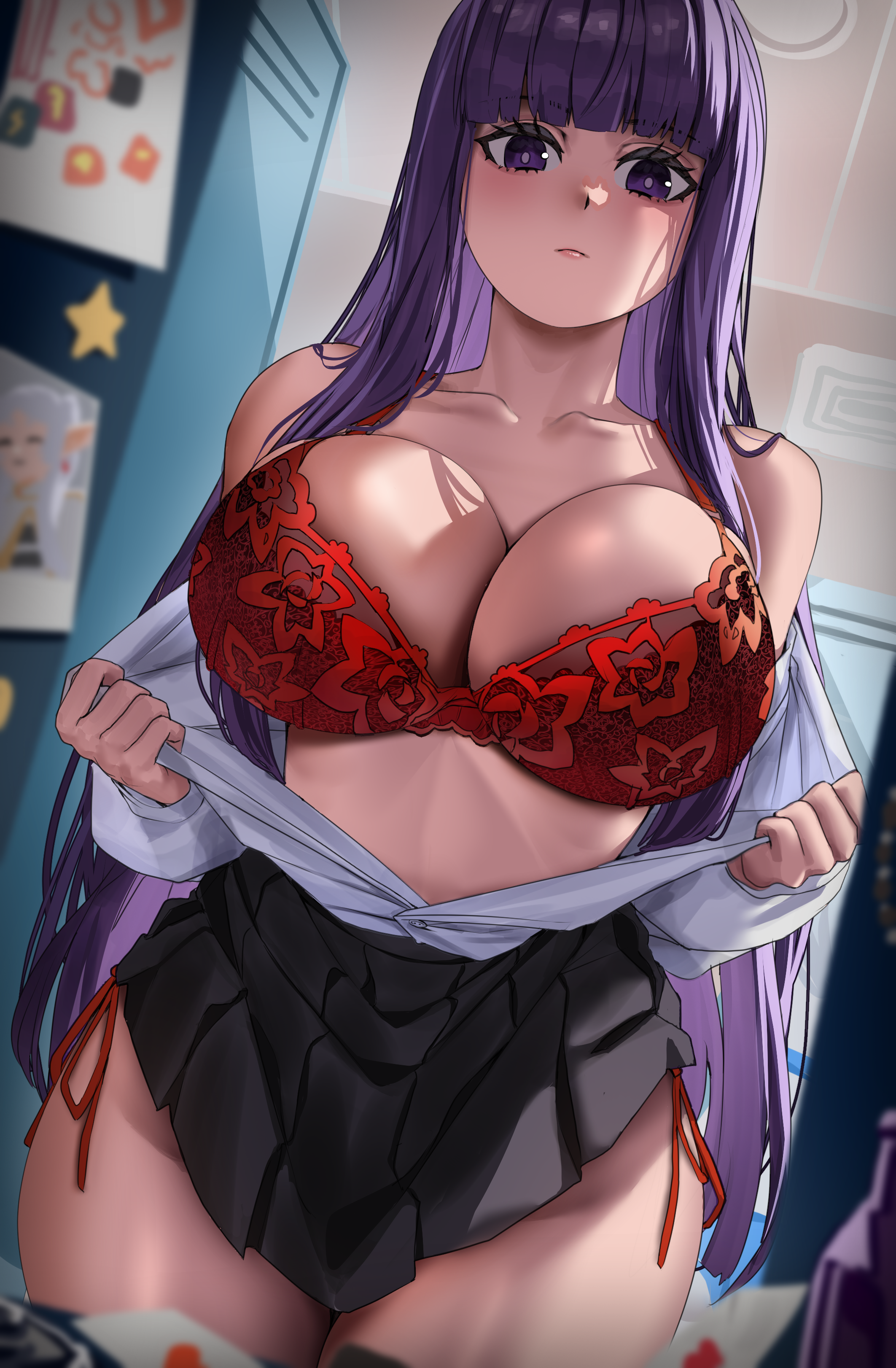 Anime 2125x3244 Fern (Sousou No Frieren) Sousou No Frieren anime anime girls 2D artwork drawing fan art Enmanuelart20 huge breasts red bra portrait display cleavage collarbone long hair purple hair purple eyes thick body side tie thong undressing off shoulder looking at viewer standing bangs skirt thighs pulling clothing bra