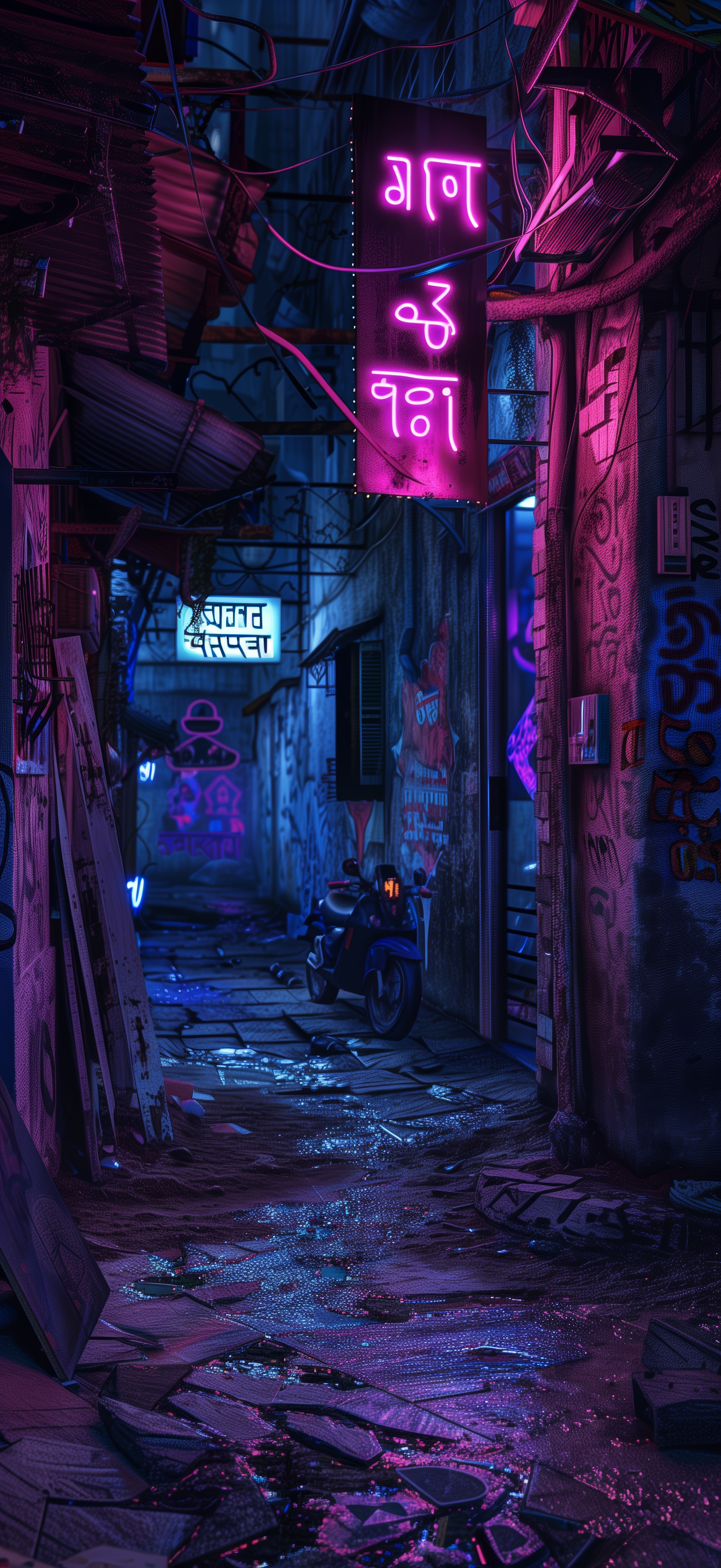 General 2944x6400 AI art portrait display neon cyberpunk Mumbai sign alleyway purple city