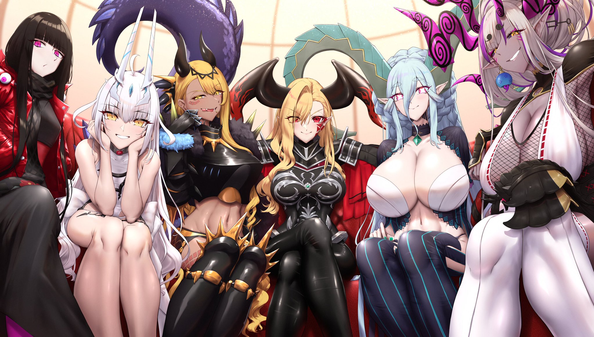 Anime 2047x1162 anime girls huge breasts Shiroshisu Fate series Ibuki Douji Nero Claudius Vritra (Fate/Grand Order) group of women sitting Melusine (Fate Grand Order) looking at viewer smiling hair between eyes anime resting head pointy ears closed mouth tongue out cleavage bare shoulders armor female warrior Beast II (FGO) bent legs Oryou (Fate)