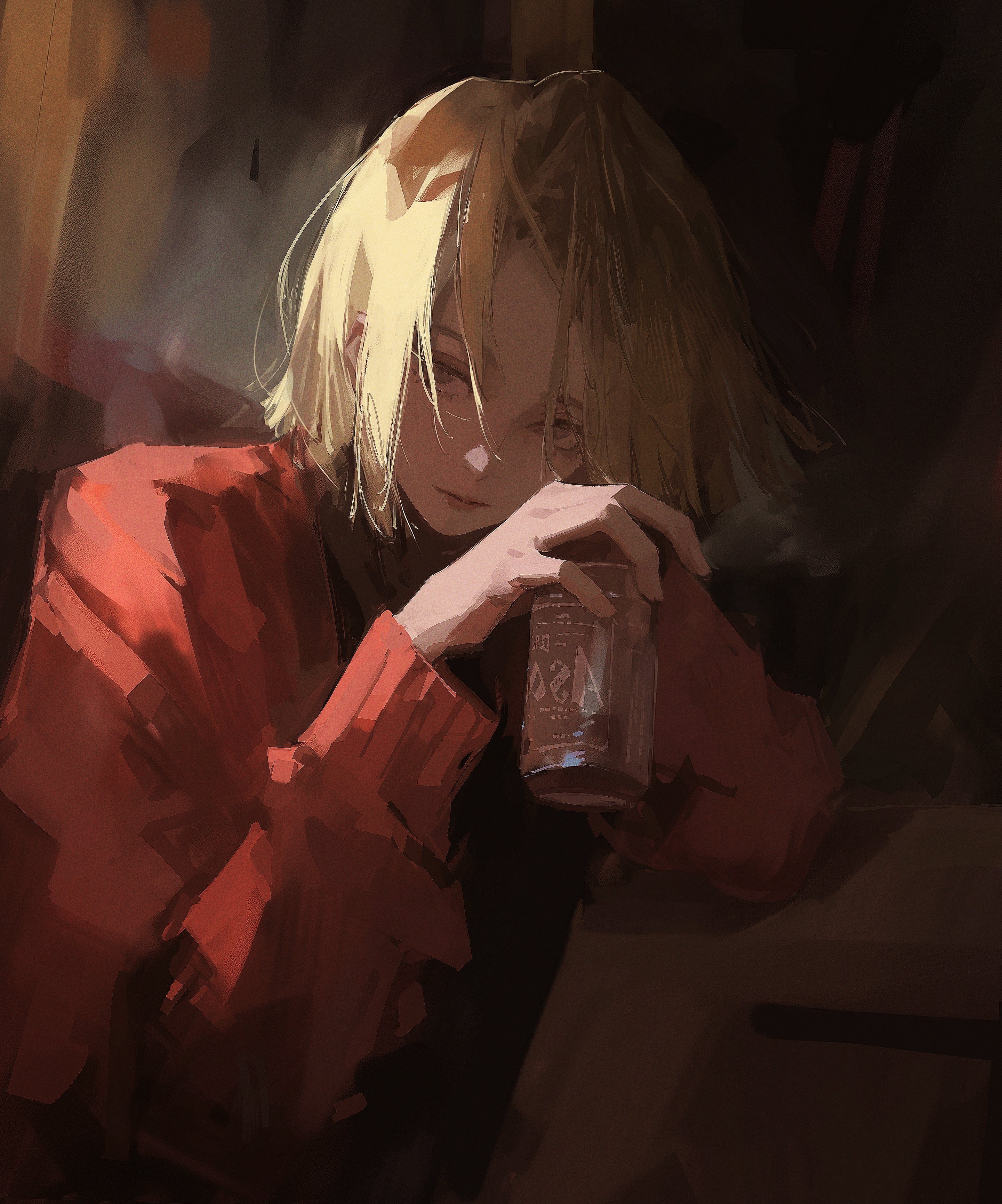 Anime 2881x3461 96yottea digital art artwork illustration short hair blonde looking at viewer anime portrait display anime boys Haikyuu!! Kozume Kenma can closed mouth drink long sleeves expressionless brown eyes simple background jacket