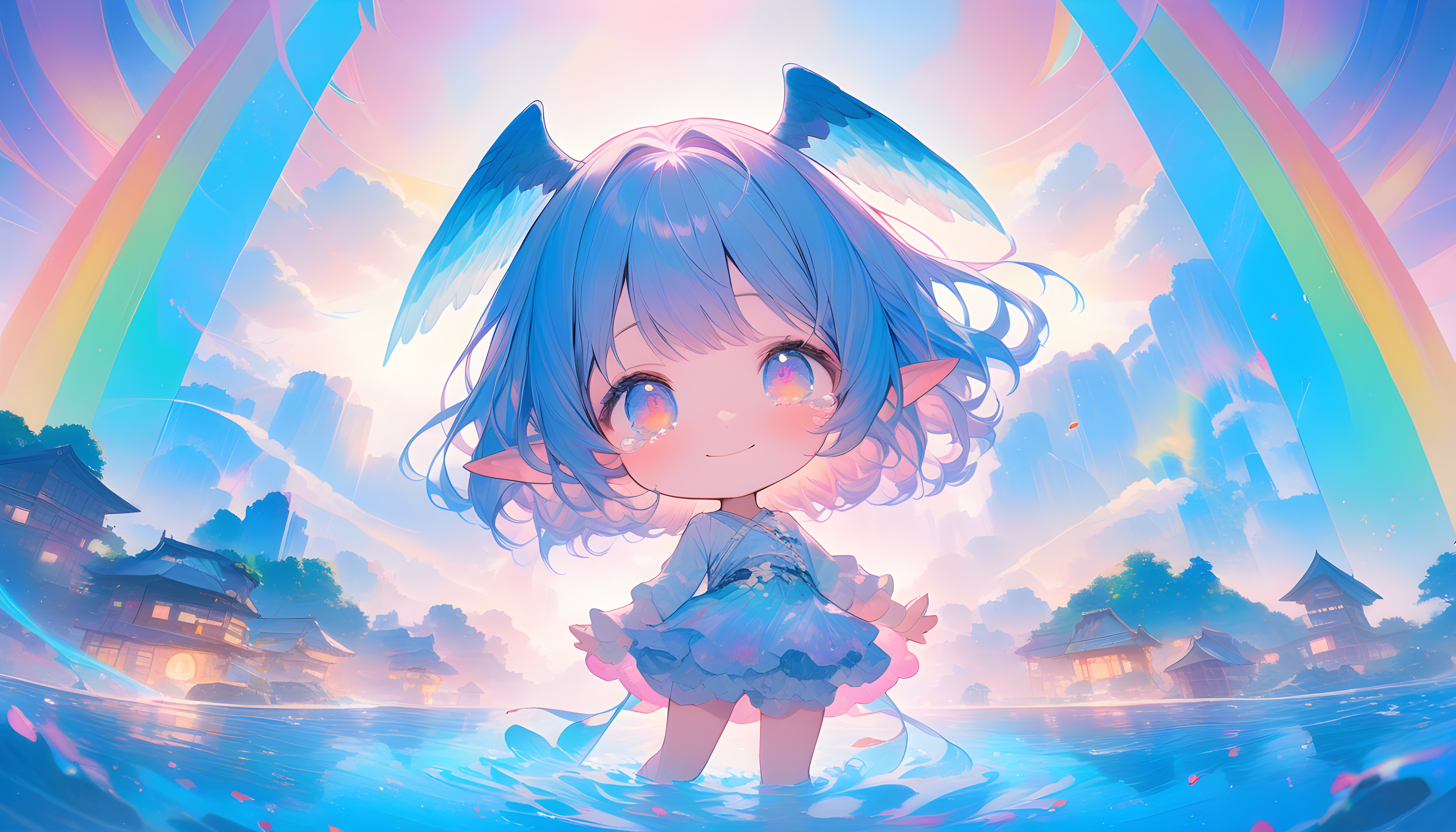 Anime 5376x3072 anime girls AI art chibi rainbows sky looking at viewer short hair pointy ears smiling closed mouth standing long sleeves water standing in water bright natural light crying tears colorful frills head wings sunlight