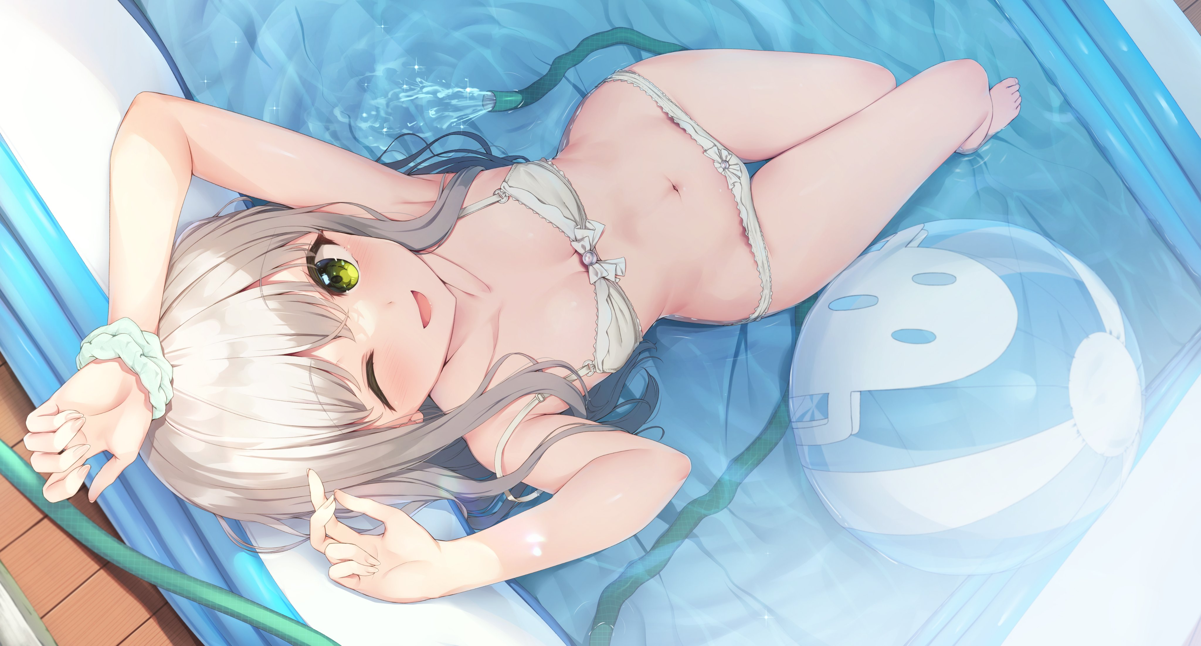 Anime 4096x2205 anime anime girls swimming small boobs green eyes white hair swimwear white lingerie water in water looking at viewer belly button belly bare midriff bare hips bare shoulders