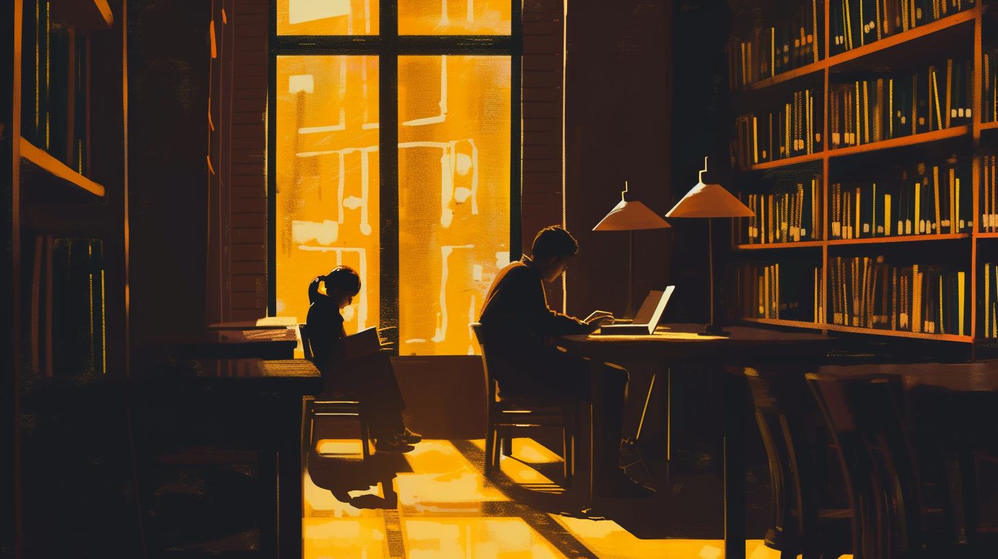 General 1456x816 AI art library teen reading laptop yellow dark lamp books large windows Edward Hopper sitting bookshelves window men women chair