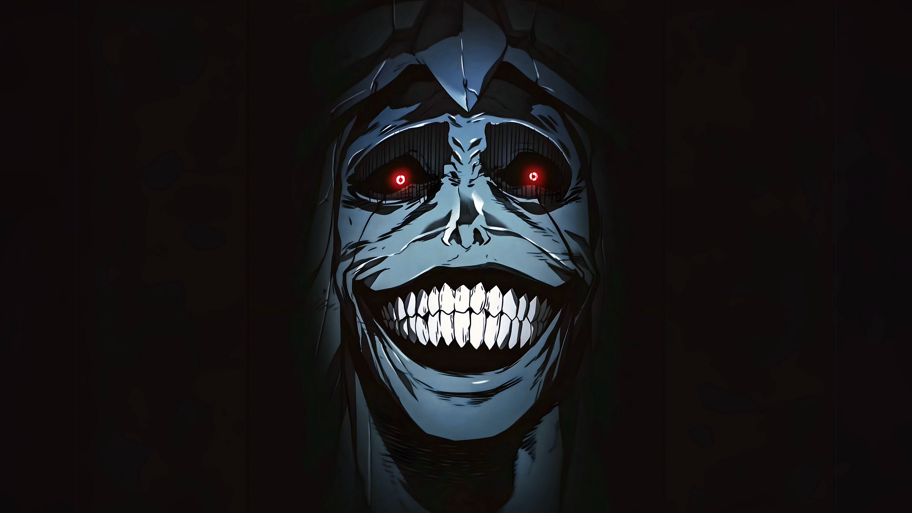 Anime 3840x2160 Solo Leveling anime smiling evil red eyes looking at viewer face glowing eyes teeth simple background horror creepy statue