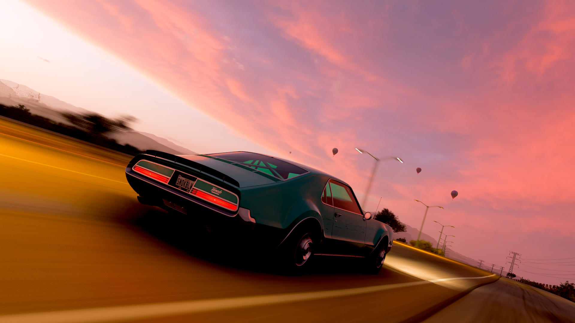 General 1920x1080 Forza Horizon 5 screen shot PC gaming Oldsmobile muscle cars PlaygroundGames car vehicle American cars video game art clouds video games taillights motion blur blurred sunset sunset glow street light road sky headlights hot air balloons Turn 10 Studios Xbox Game Studios