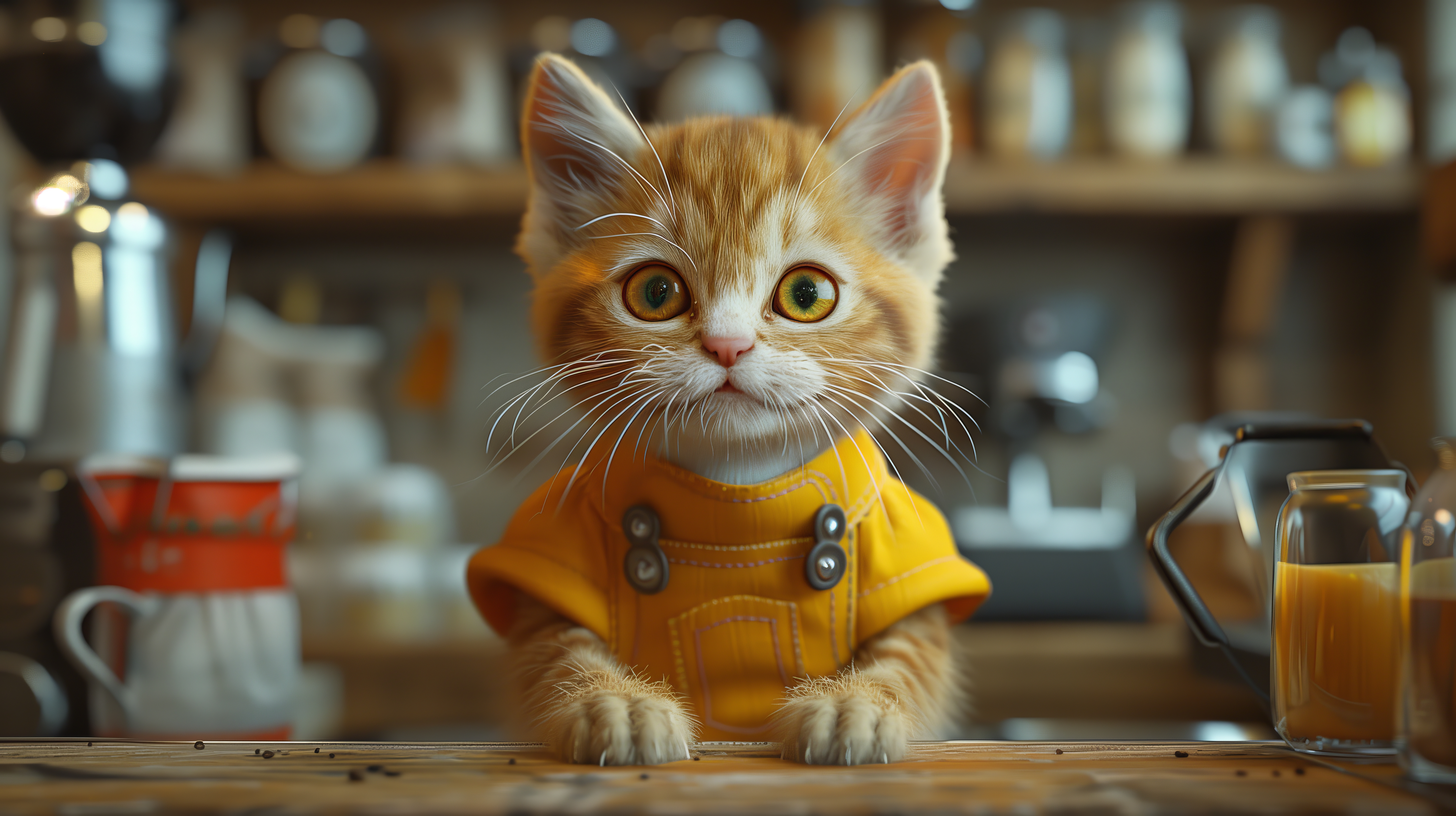 General 5824x3264 AI art Anthropomorphic kittens barista cats whiskers depth of field blurred blurry background looking at viewer glass jar fur claws drink