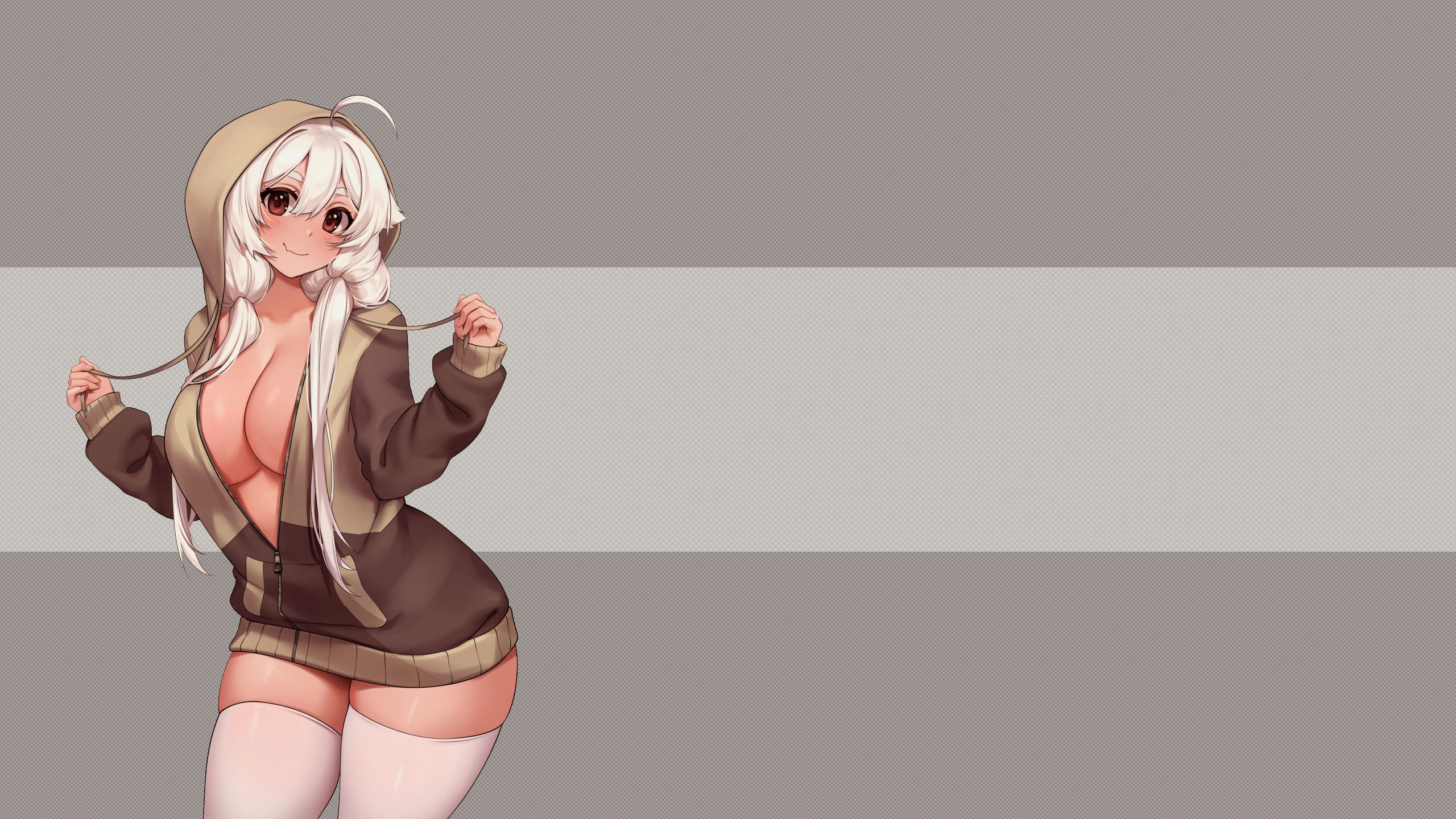 Anime 2560x1440 anime girls ahoge Skindentation thighs thighs together white hair long hair blunt bangs cleavage open clothes open jacket thigh-highs looking at viewer blushing boobs big boobs thick thigh wide hips closed mouth drawstring holding clothes arms up hoods jacket sportswear long sleeves twintails brown eyes no bra partially clothed simple background smiling zettai ryouiki unzipped bangs white thigh highs hair between eyes anime Iwbitu-sa