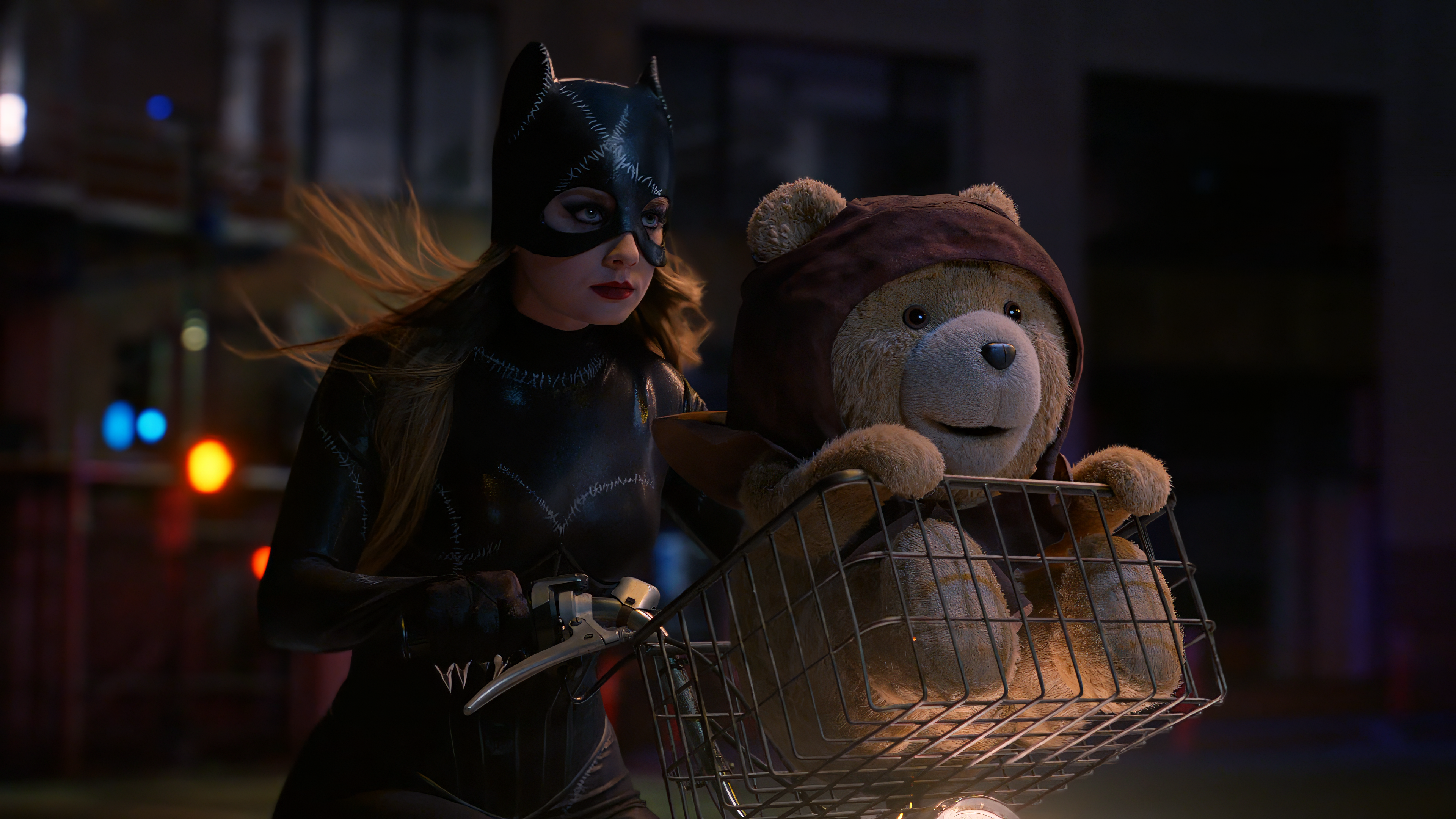 General 3840x2160 Ted (movie) teddy bears screen shot bicycle movies movie characters Catwoman latex bodysuit E.T. depth of field crossover biker girl red lipstick lipstick blurred blurry background