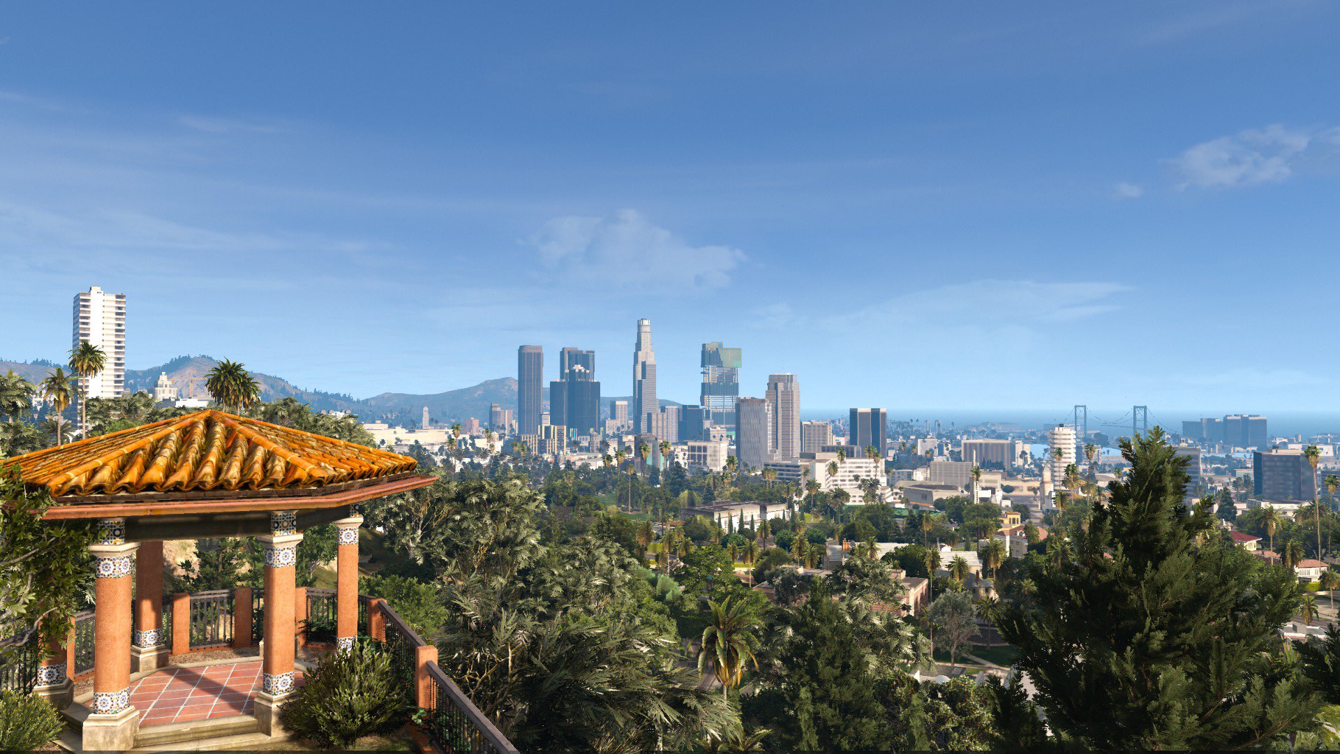General 1920x1080 NaturalVision Evolved Los Santos Los Angeles city Grand Theft Auto V Rockstar Games clouds building video games FiveM sky trees video game art screen shot palm trees cityscape CGI