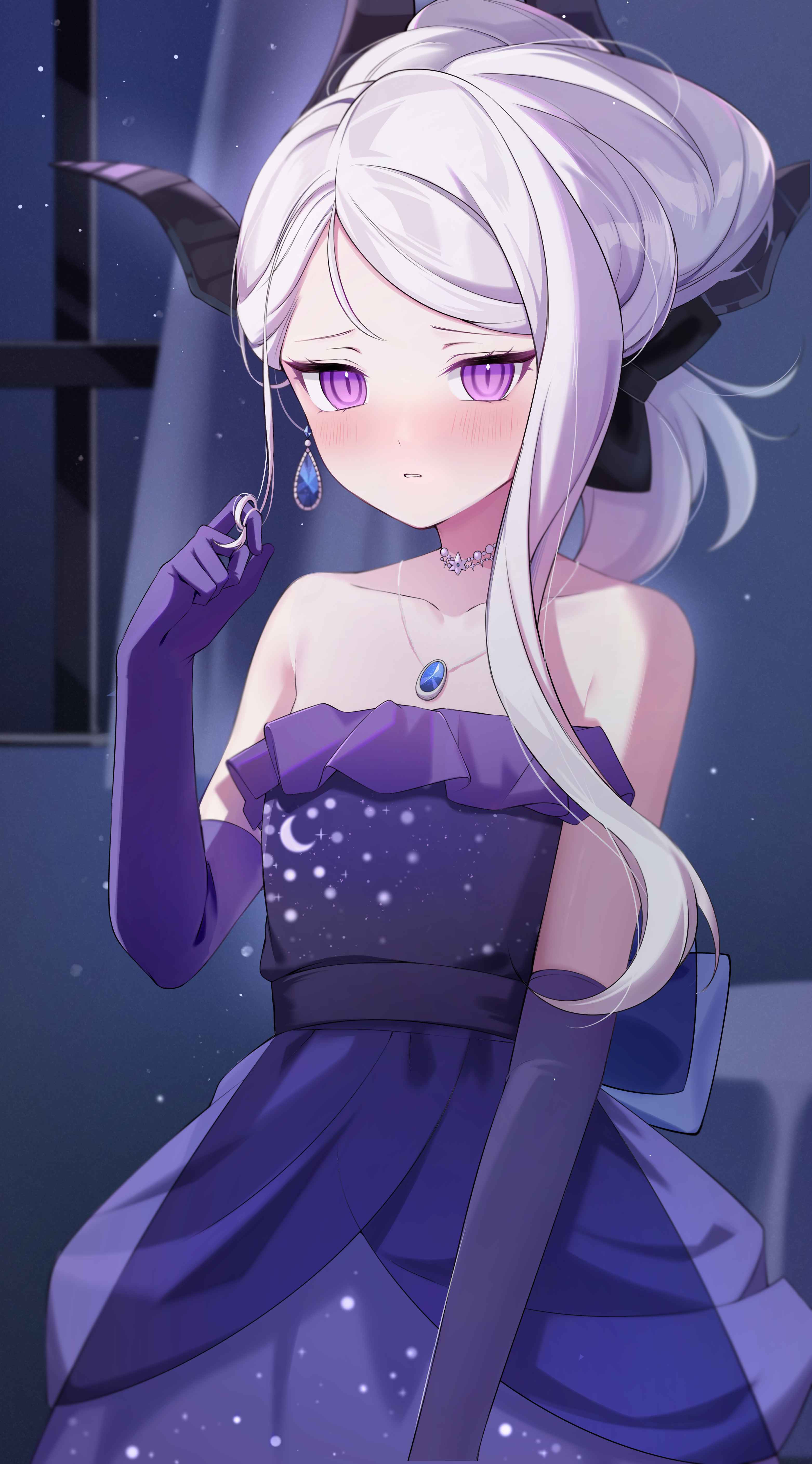 Anime 3125x5634 anime girls Sorasaki Hina (Blue Archive) portrait display dress long hair purple eyes Blue Archive anime games video game characters white hair night fan art blushing looking at viewer standing collarbone elbow gloves gloves purple gloves gem earrings earring gemstones necklace gemstone necklace choker