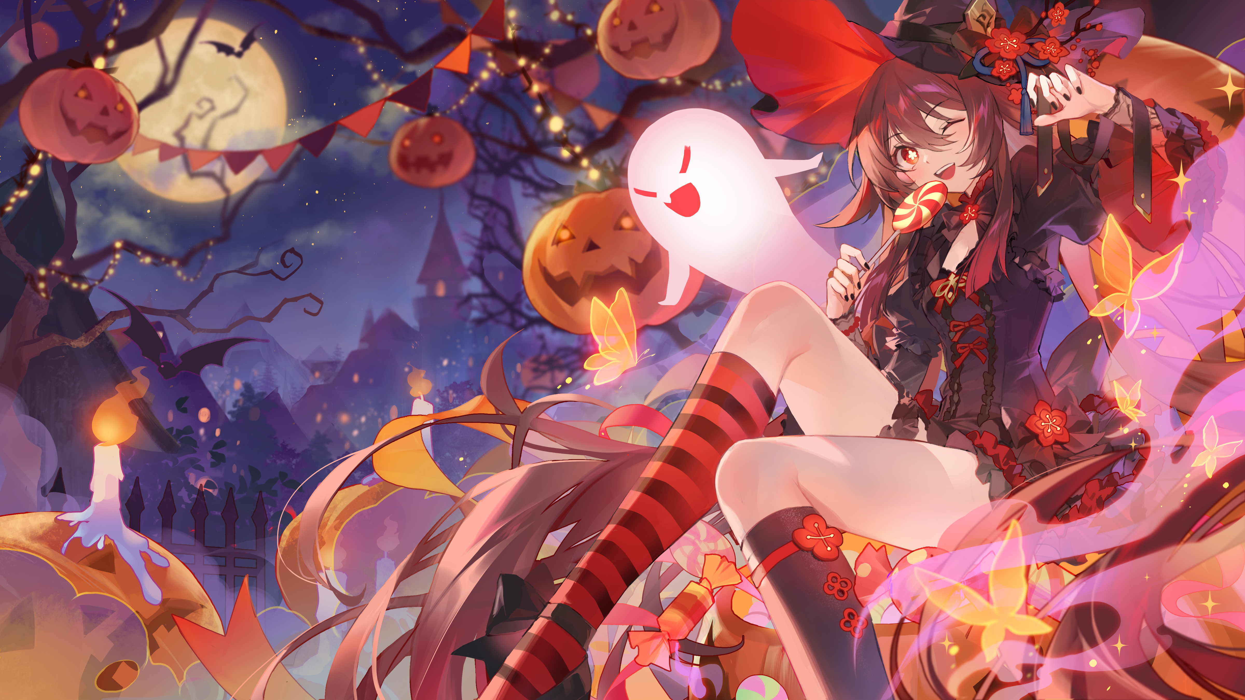 Anime 4800x2700 Genshin Impact anime anime games anime girls Hu Tao (Genshin Impact) BLACKmeow smiling one eye closed moonlight looking at viewer sitting hair between eyes candles brunette brown eyes pumpkin ghost legs witch hat skinny sky black nails painted nails open mouth bent legs bats candy night castle long hair butterfly sparkles