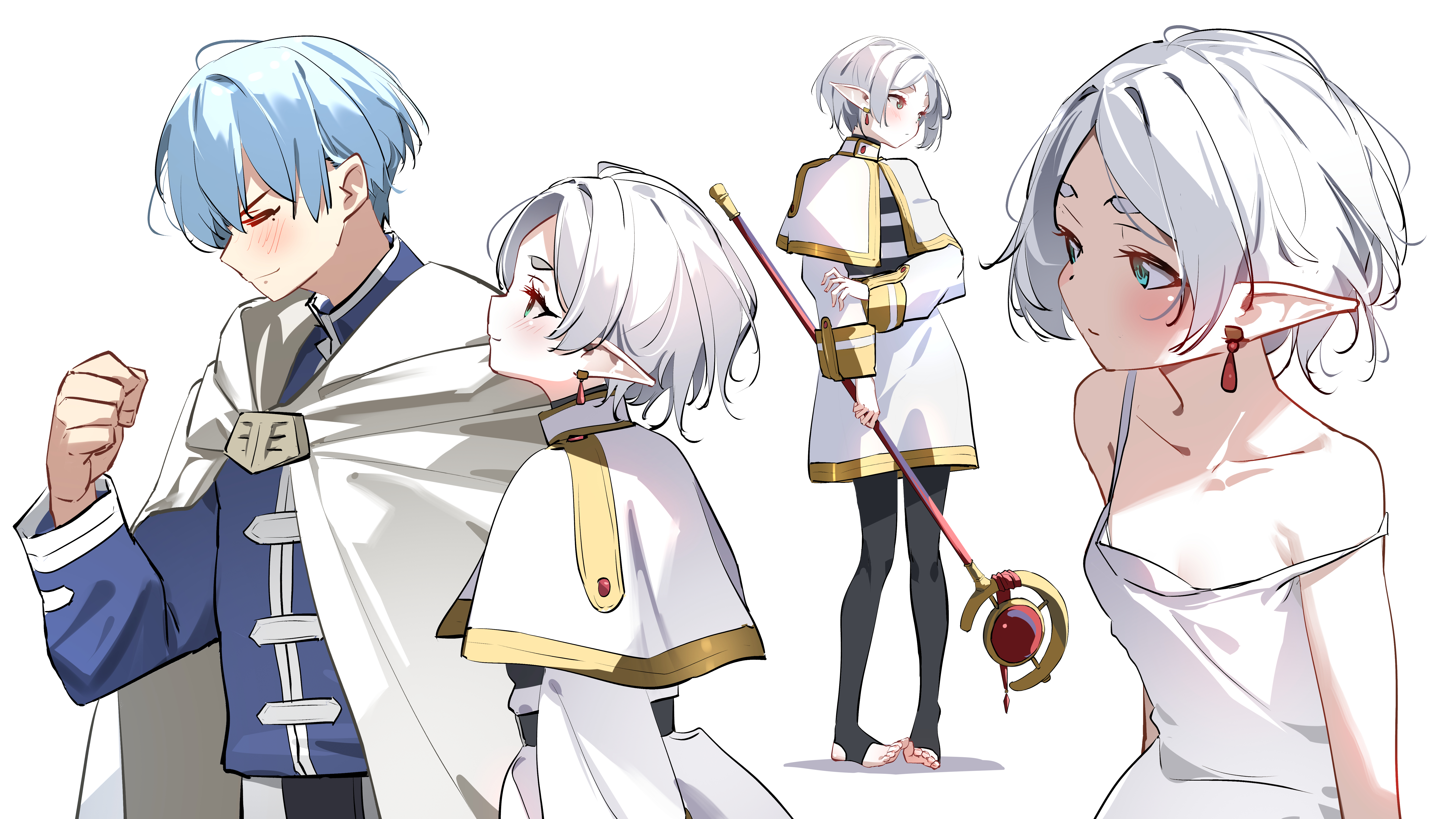 Anime 7016x3945 Sousou No Frieren Frieren anime boys anime girls white background staff simple background fist pointy ears short hair Himmel (Sousou no Frieren) Sydus one bare shoulder strap falling off shoulder earring closed mouth blushing closed eyes thick eyebrows standing collarbone uniform white hair blue hair moles mole under eye