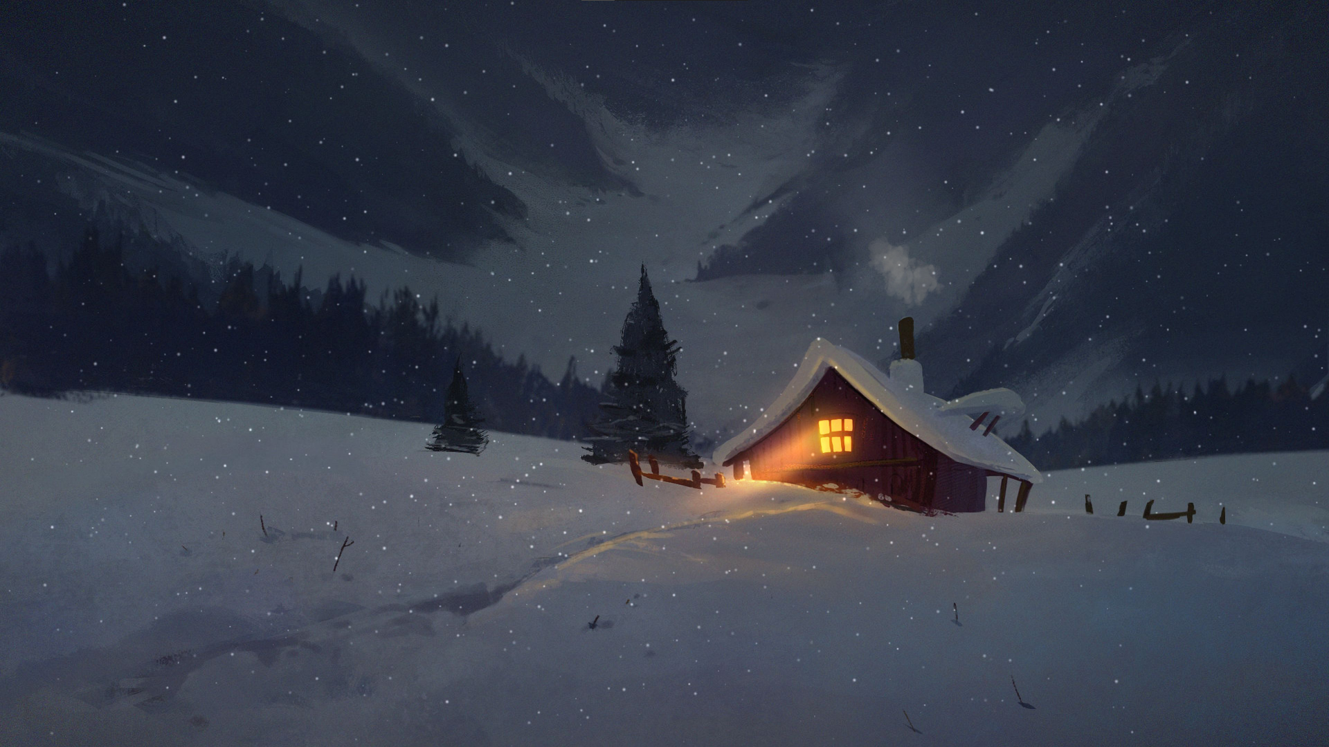 General 1920x1080 cabin snow night forest isolated sky snowing digital art snow covered outdoors winter stars trees