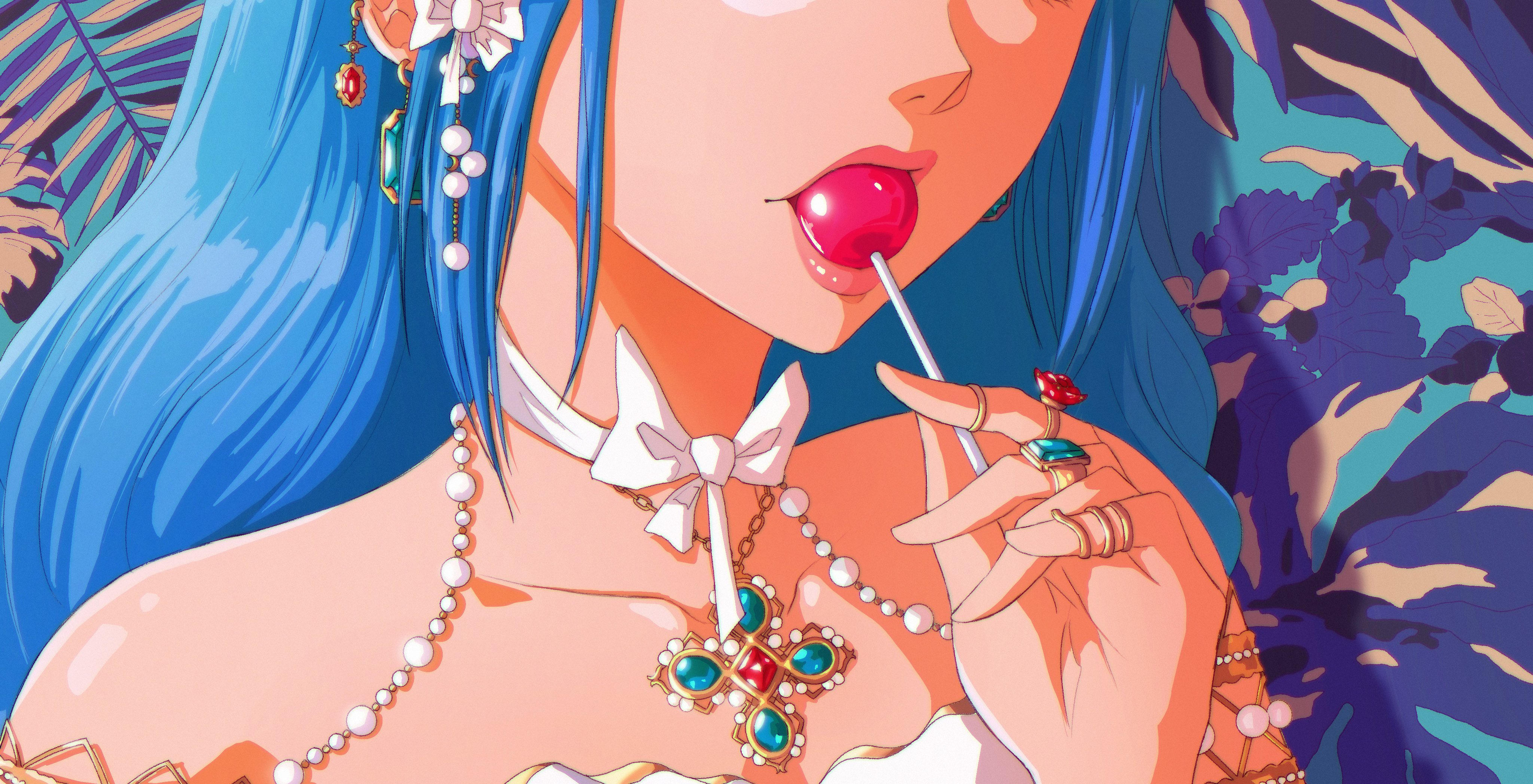 Anime 4096x2096 One Piece Nefertari Vivi jewelry lollipop lips eyes hidden long hair blue hair collarbone OpalisArt gemstones rings earring anime anime girls bare shoulders