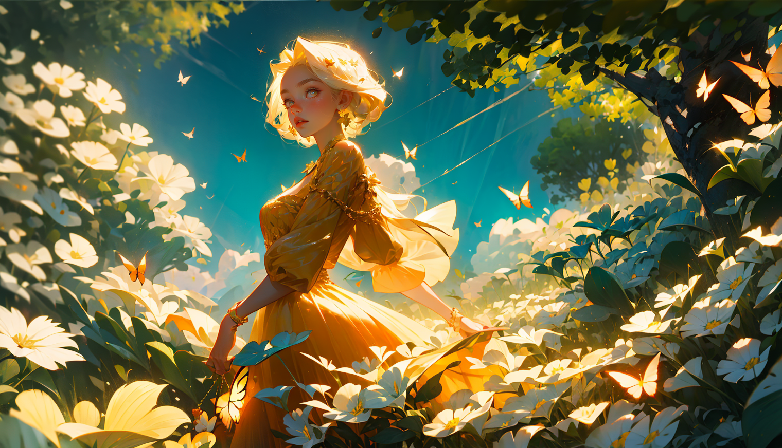 Anime 1520x872 blonde AI art Stable Diffusion flowers butterfly nature looking at viewer anime girls