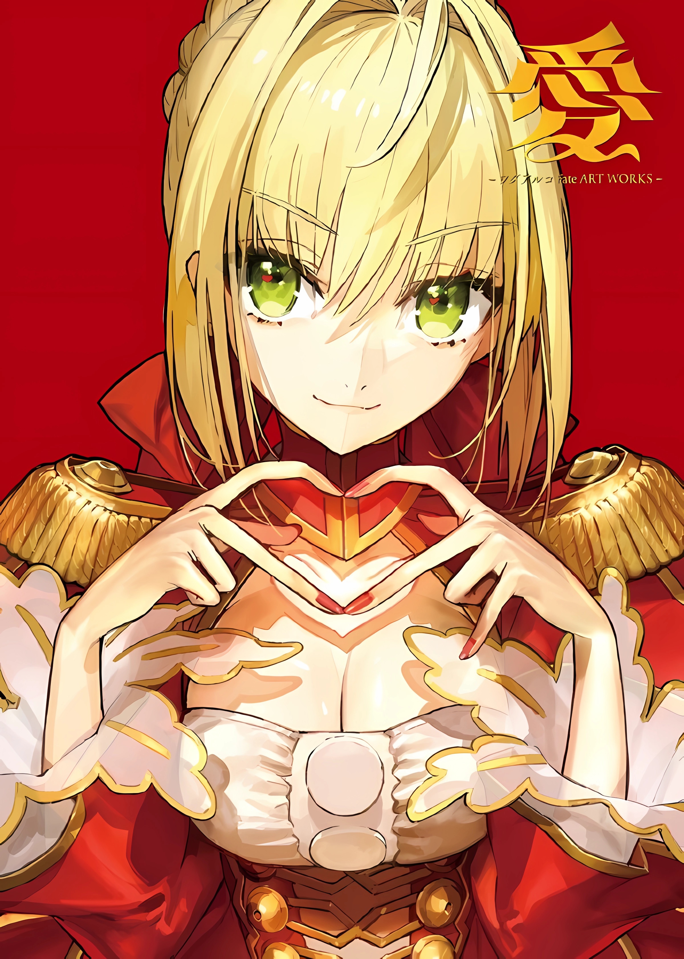Anime 2400x3368 Nero Claudius Fate/Extra Fate/Grand Order Fate series anime girls portrait display smiling blonde green eyes heart hands cleavage looking at viewer