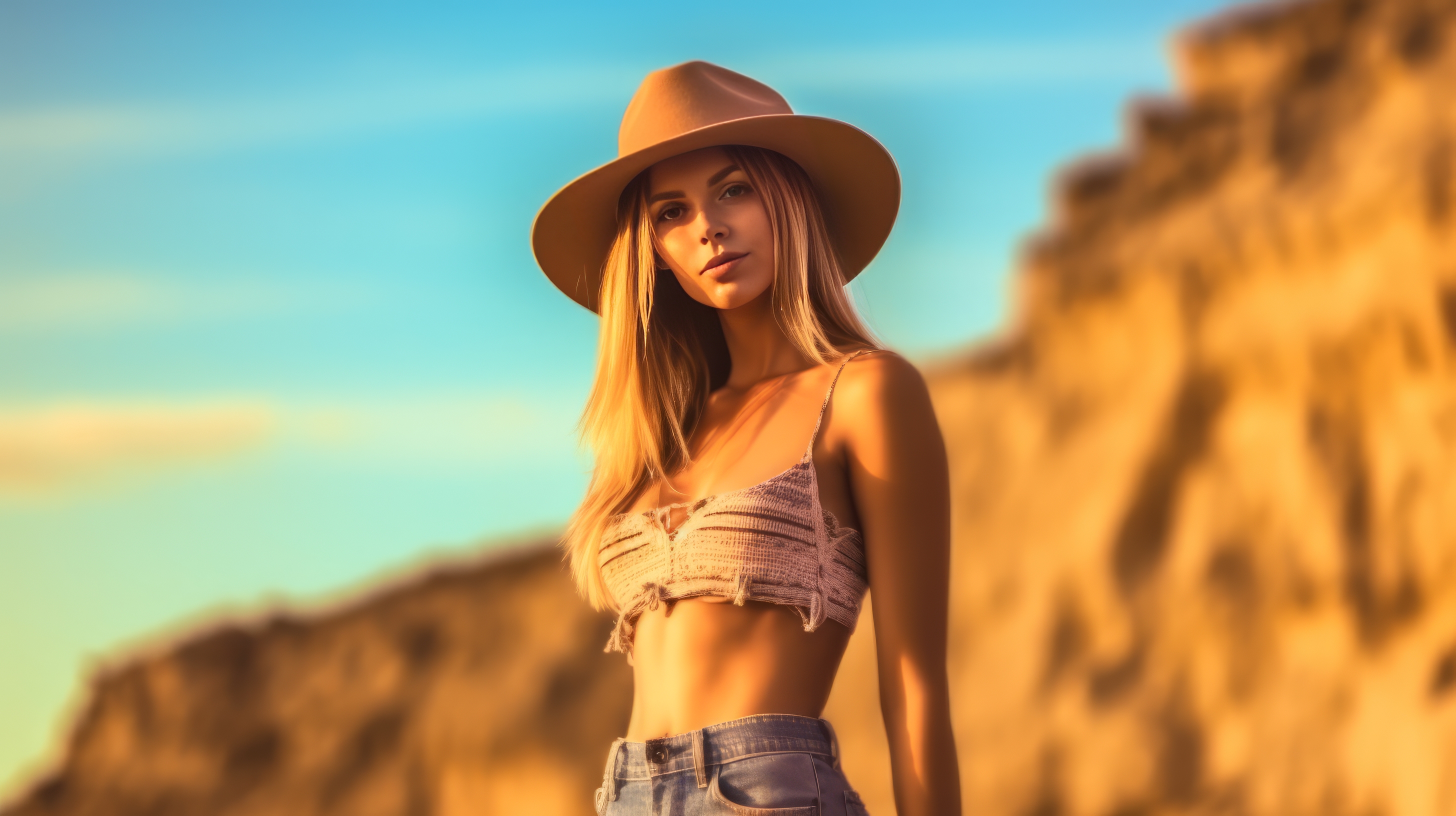 General 2912x1632 AI art women bare midriff hat golden hour blonde blurred blurry background looking at viewer long hair