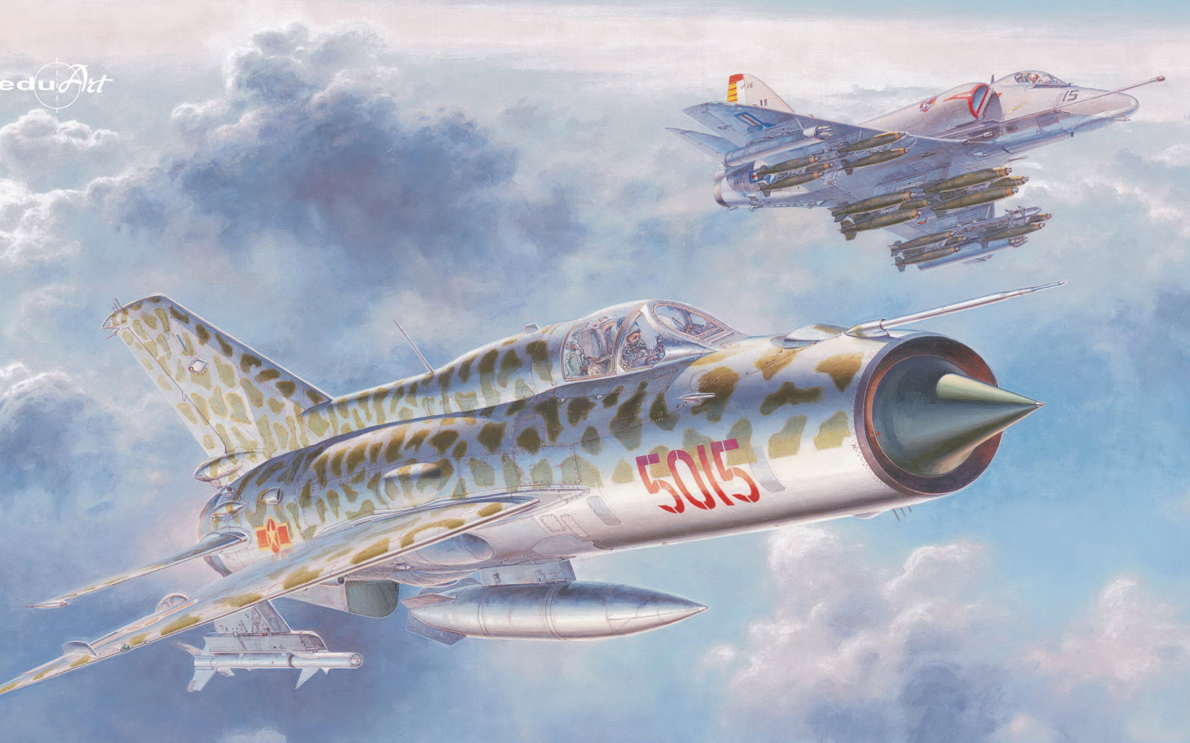 General 1680x1050 aircraft military military vehicle flying clouds sky artwork Mikoyan-Gurevich MiG-21 Douglas A-4 Skyhawk Vietnam War military aircraft watermarked Boxart Shigeo Koike VPAF United States Marine Corps jet fighter Attacker