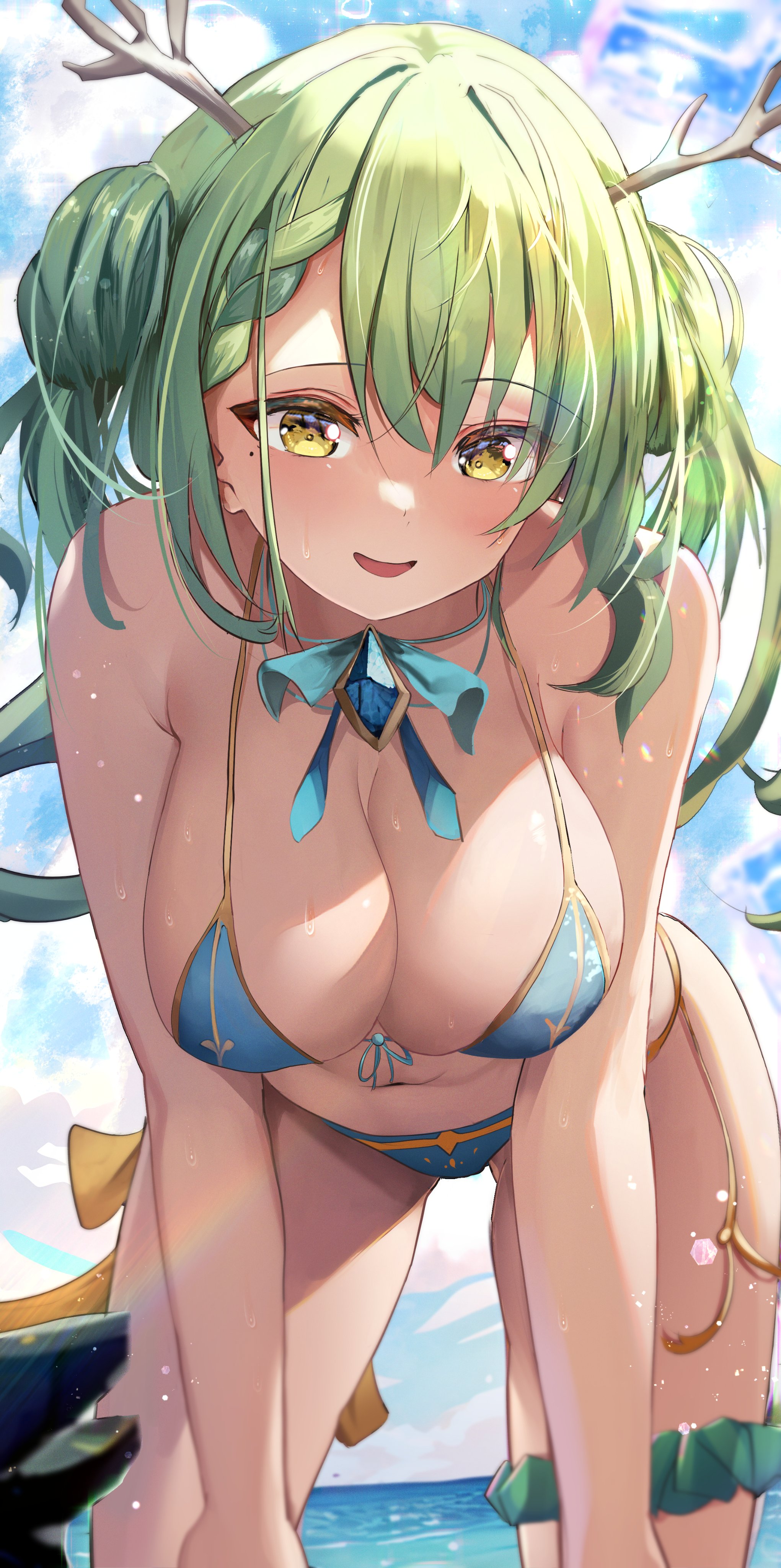 Anime 2041x4096 anime anime girls Virtual Youtuber Hololive Ceres Fauna bikini green hair yellow eyes big boobs cleavage moles mole under eye portrait display antlers looking at viewer blushing water hanging boobs long hair smiling wet wet body