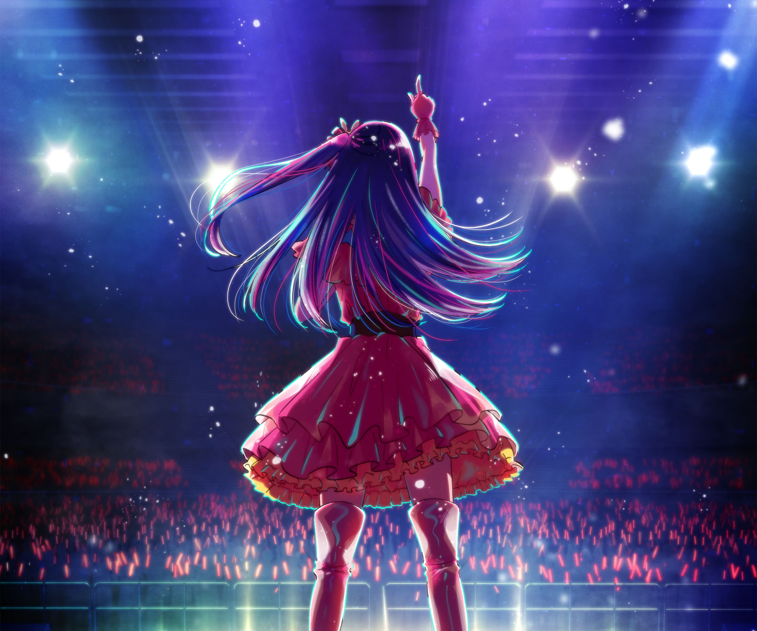Anime 2500x2083 Hoshino Ai Oshi no Ko anime girls long hair gloves finger pointing stages stage light dress lights