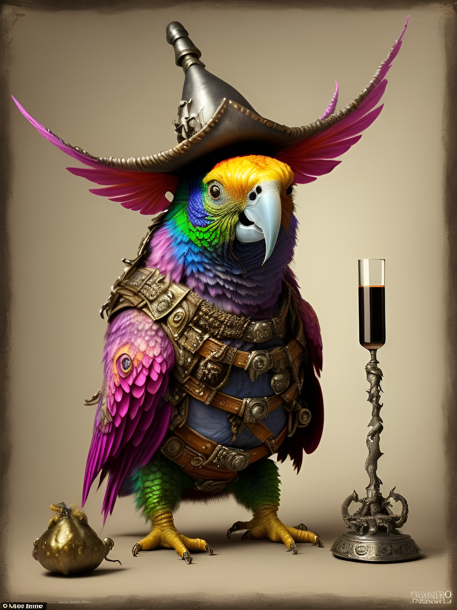 General 1536x2048 AI art parrot pirate hat drink humanoid animals birds portrait display simple background