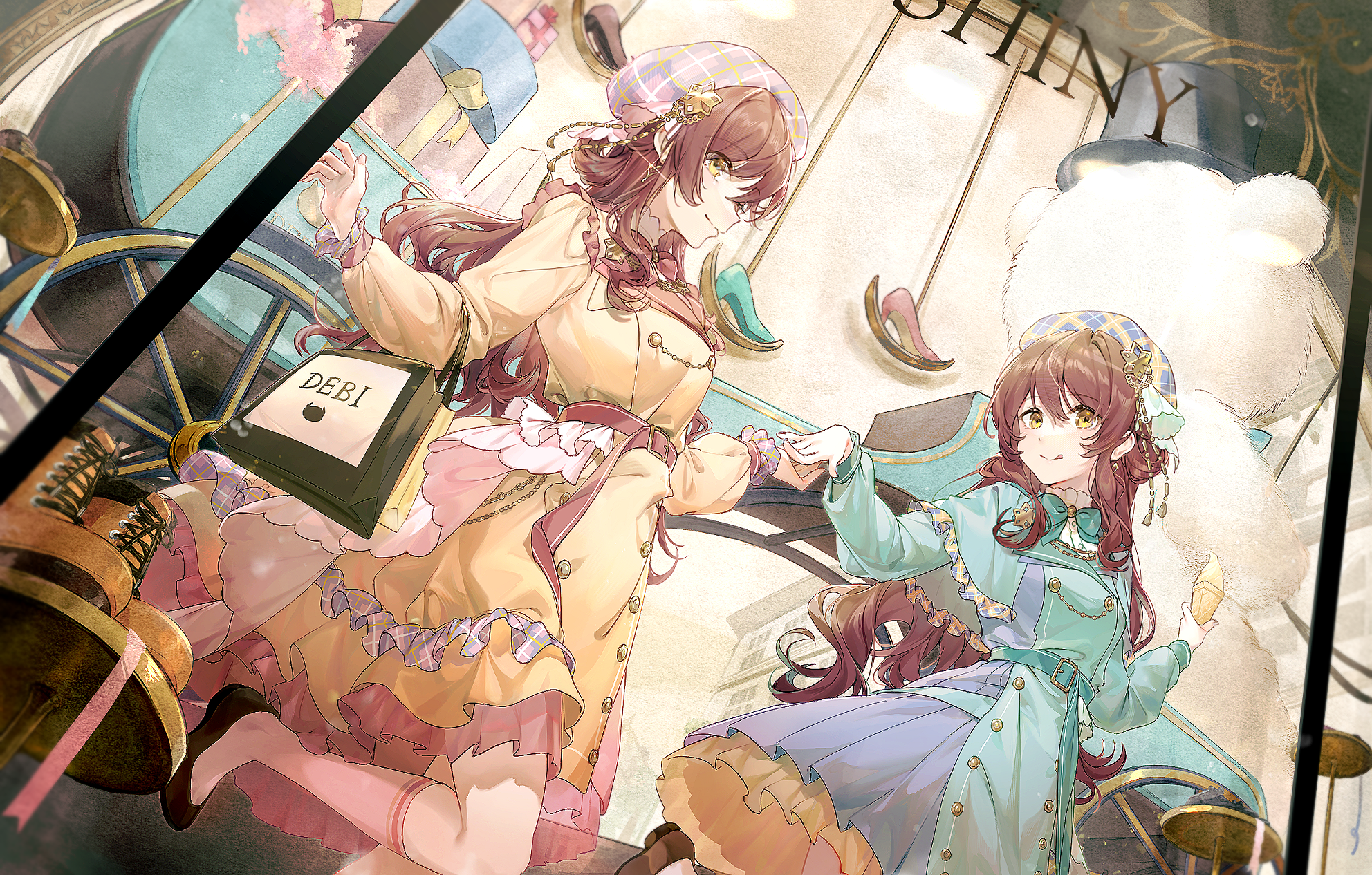 Anime 1984x1266 two women anime anime girls dress smiling tongue out looking at viewer long hair purse shoes heels brunette brown eyes hat holding hands bow tie teddy bears