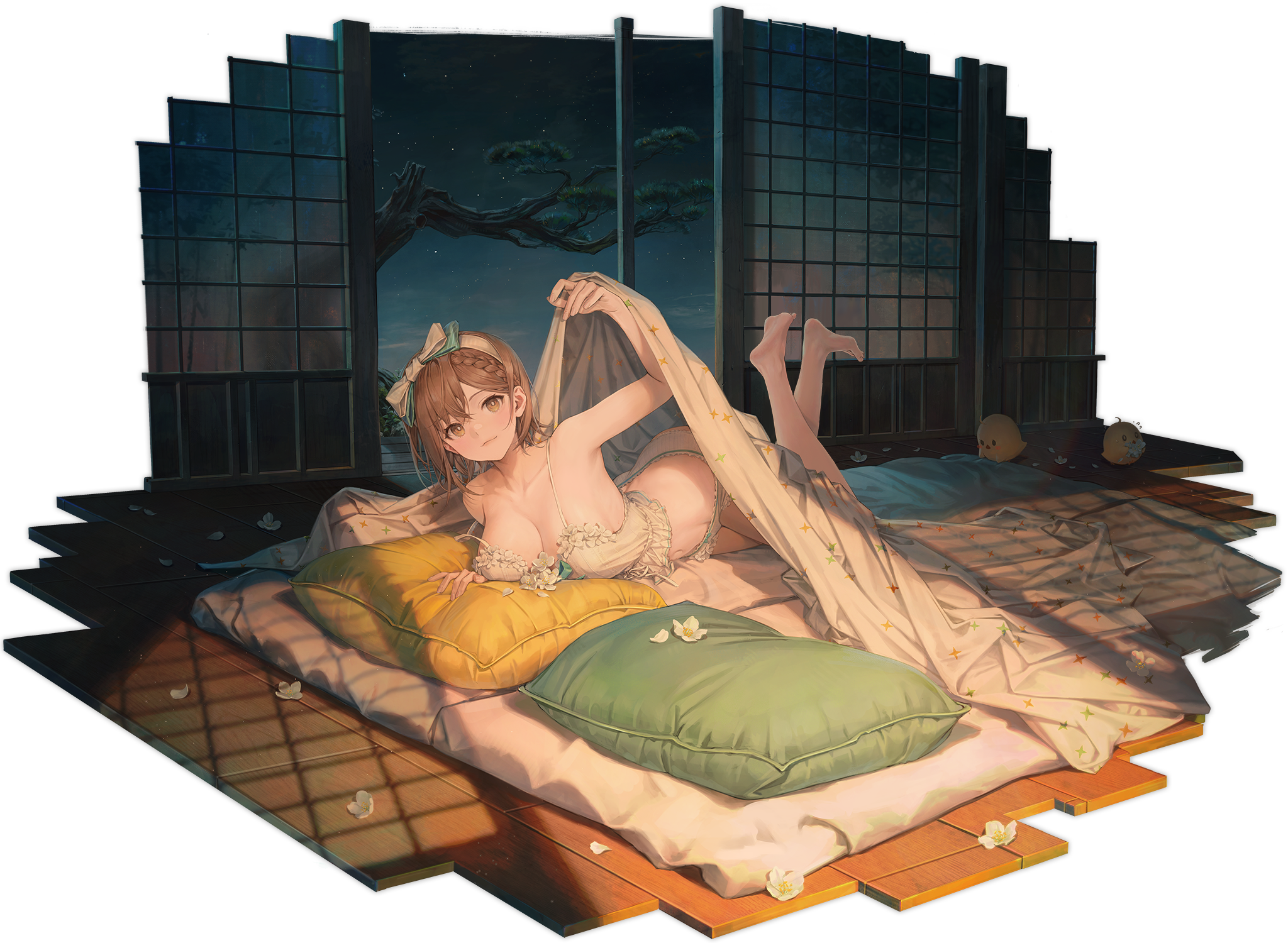 Anime 2048x1500 Douya anime girls Atelier Ryza lying down Reisalin Stout indoors Manjuu (Azur Lane) legs up lying on front big boobs brown eyes blankets looking at viewer petals brunette blushing stars starred sky starry night night trees branch sky pillow sheets smiling flowers underwear floor armpits foot sole barefoot cleavage transparent background simple background belly belly button