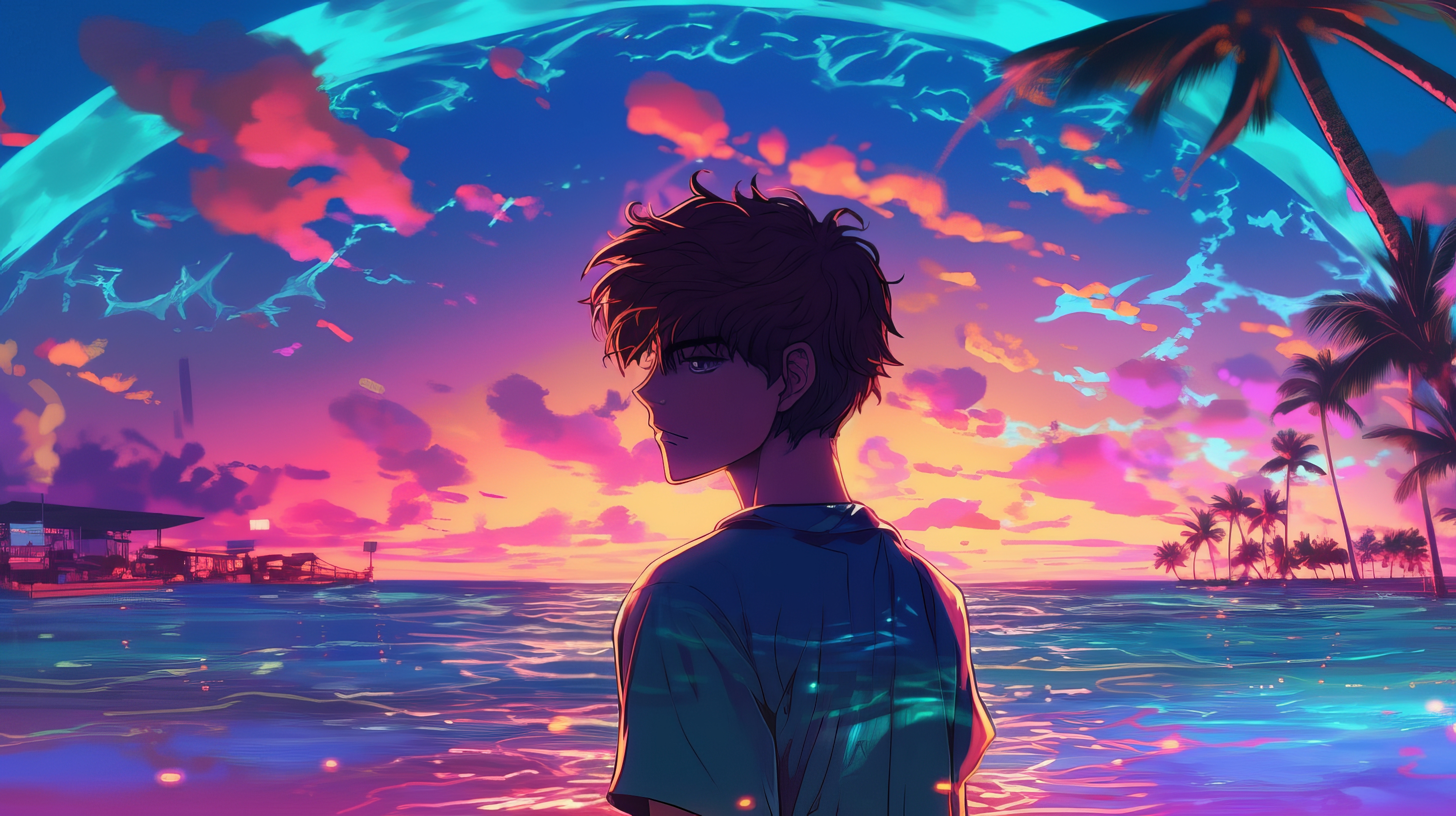 Anime 2912x1632 AI art illustration neon vaporwave men looking back anime boys water sunset sunset glow palm trees profile