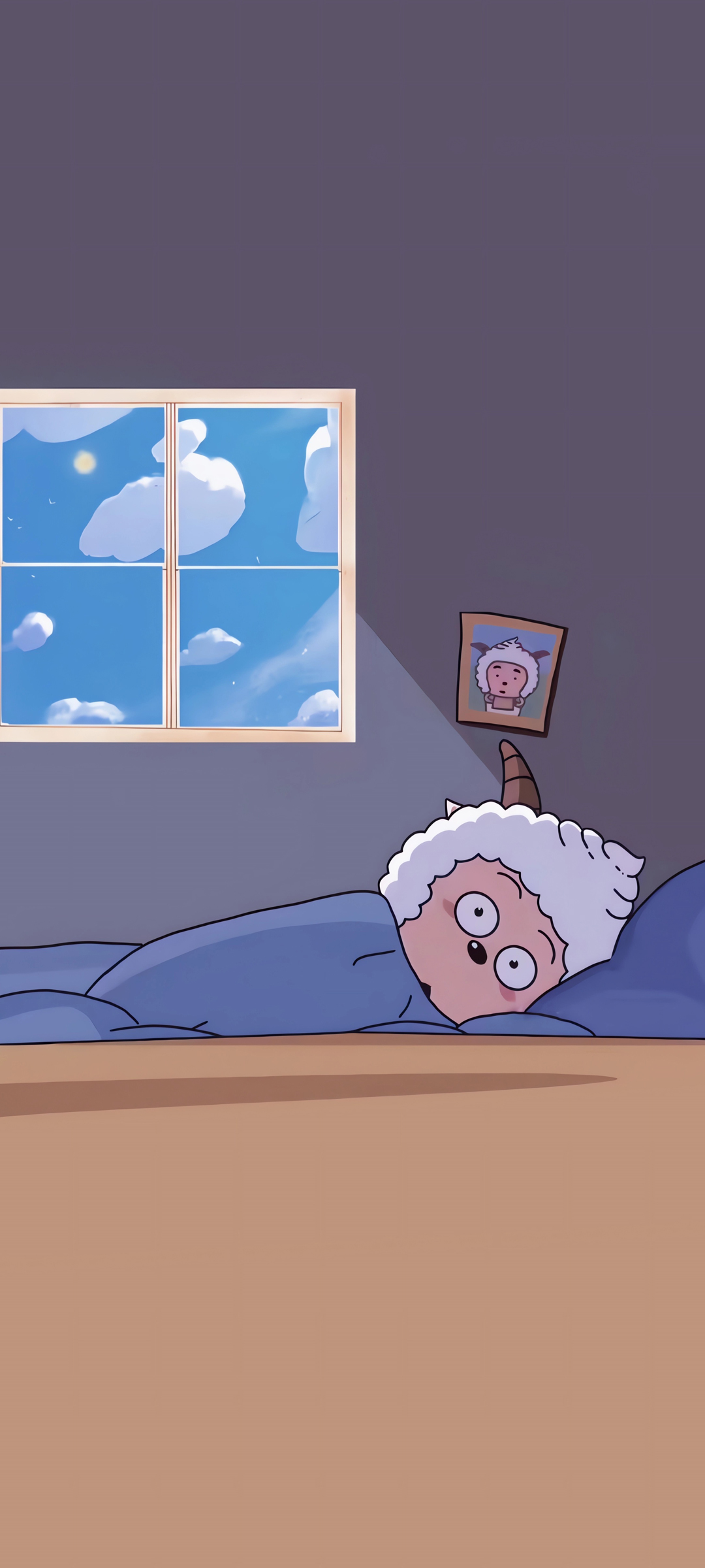General 1080x2400 cartoon artwork portrait display window Sun sky clouds lying on side bed daylight animals Lazy sheep