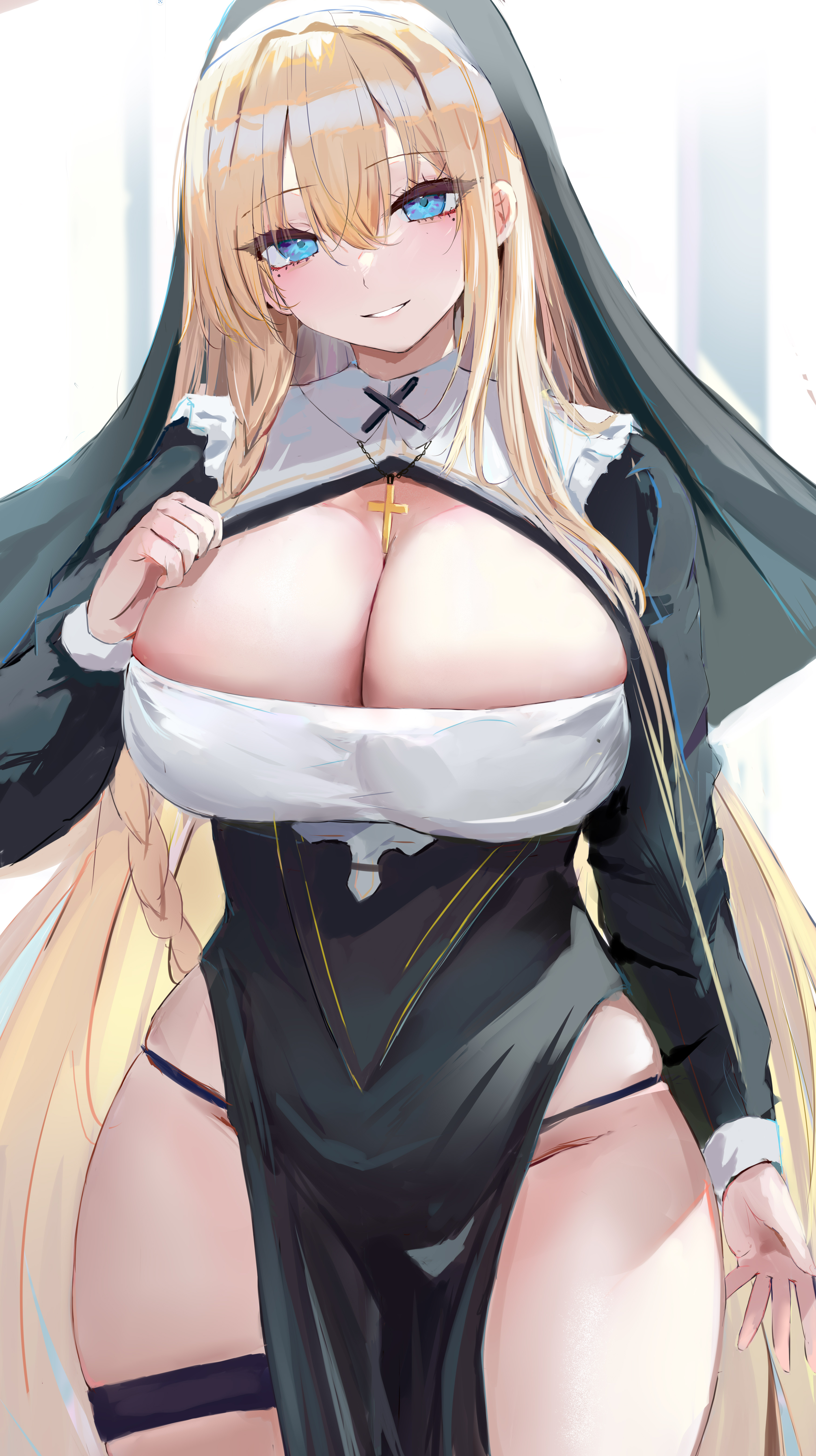 Anime 3505x6249 Lshiki anime girls blonde blue eyes portrait display cleavage nuns nun outfit big boobs looking at viewer long hair cross thighs smiling moles mole under eye