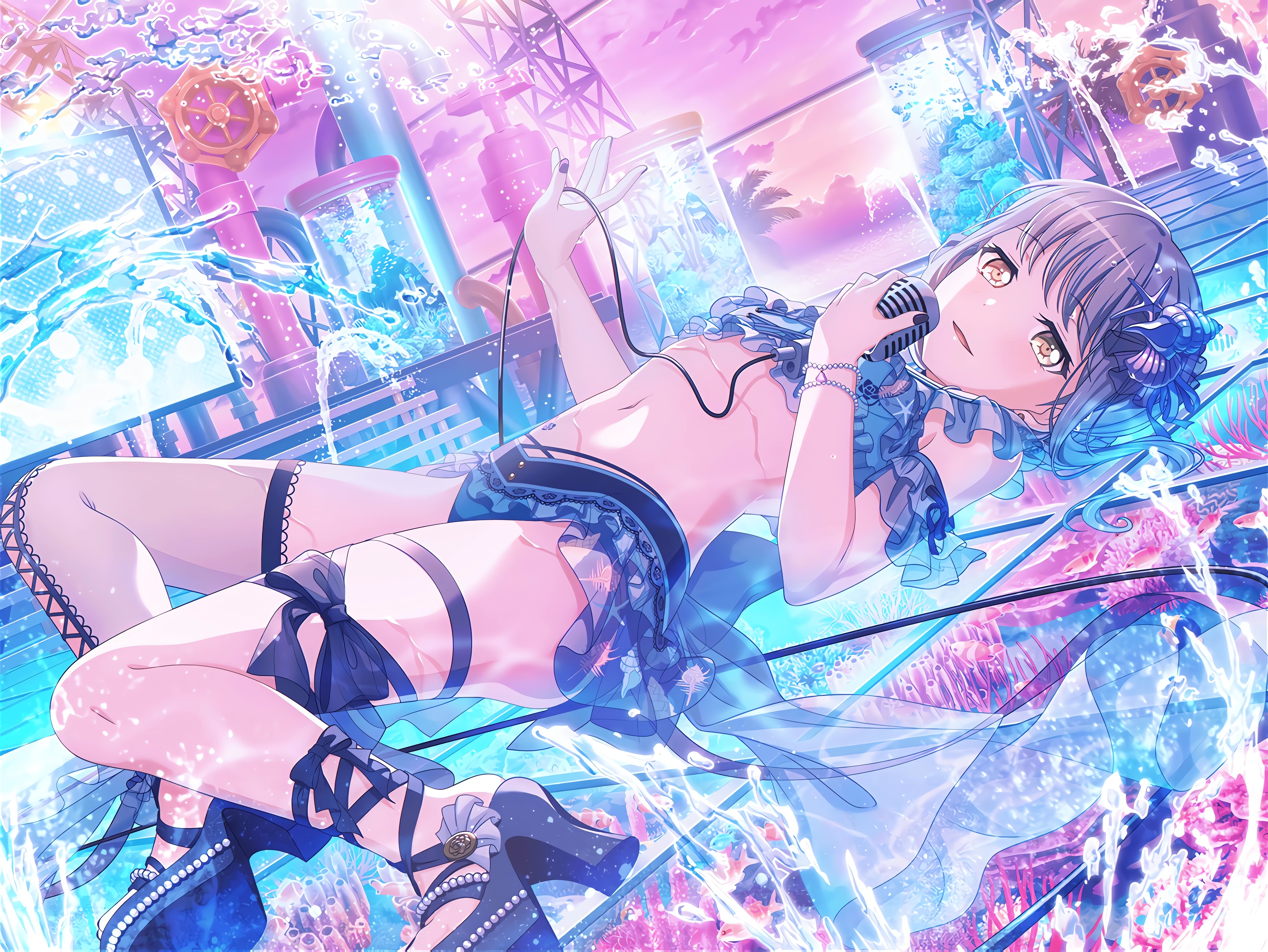 Anime 5336x4008 BanG Dream! anime anime girls minato yukina lying on back swimwear microphone short hair looking at viewer water heels belly belly button clouds